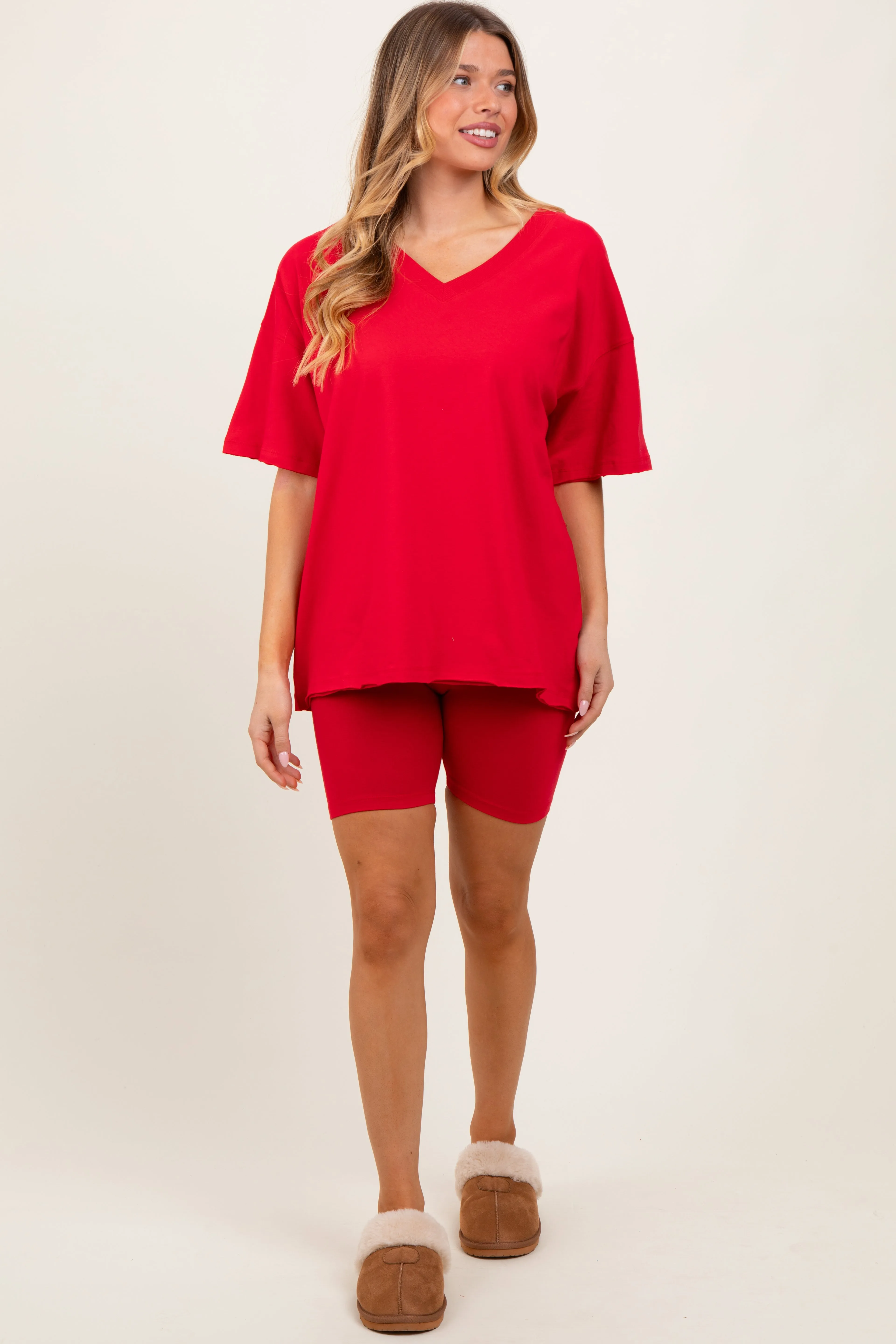 Red Oversized V-Neck Biker Short Set sold by Pinkblush