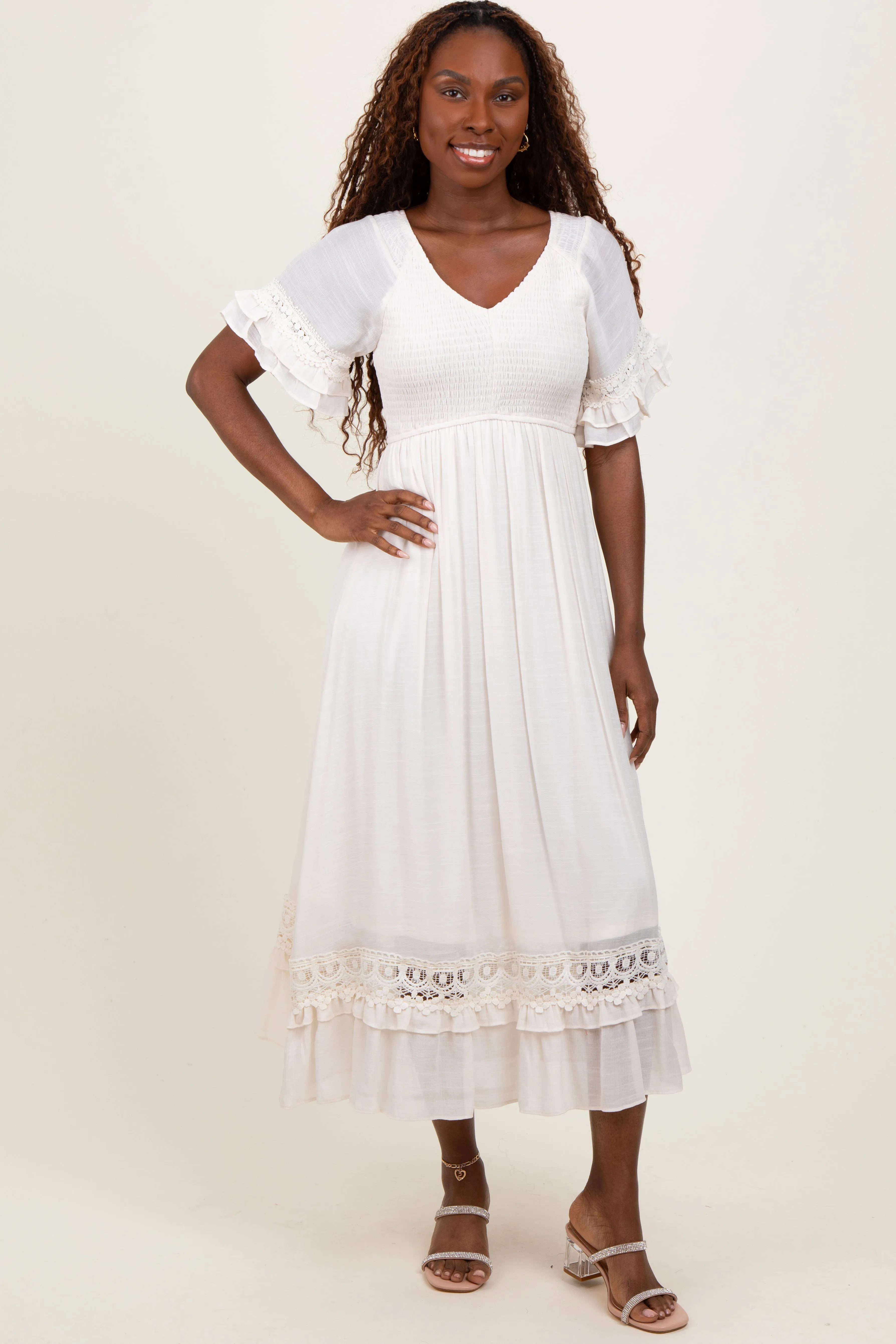 Cream Smocked Crochet Ruffle Trim Maternity Midi Dress sold by Pinkblush product image thumbnail 5