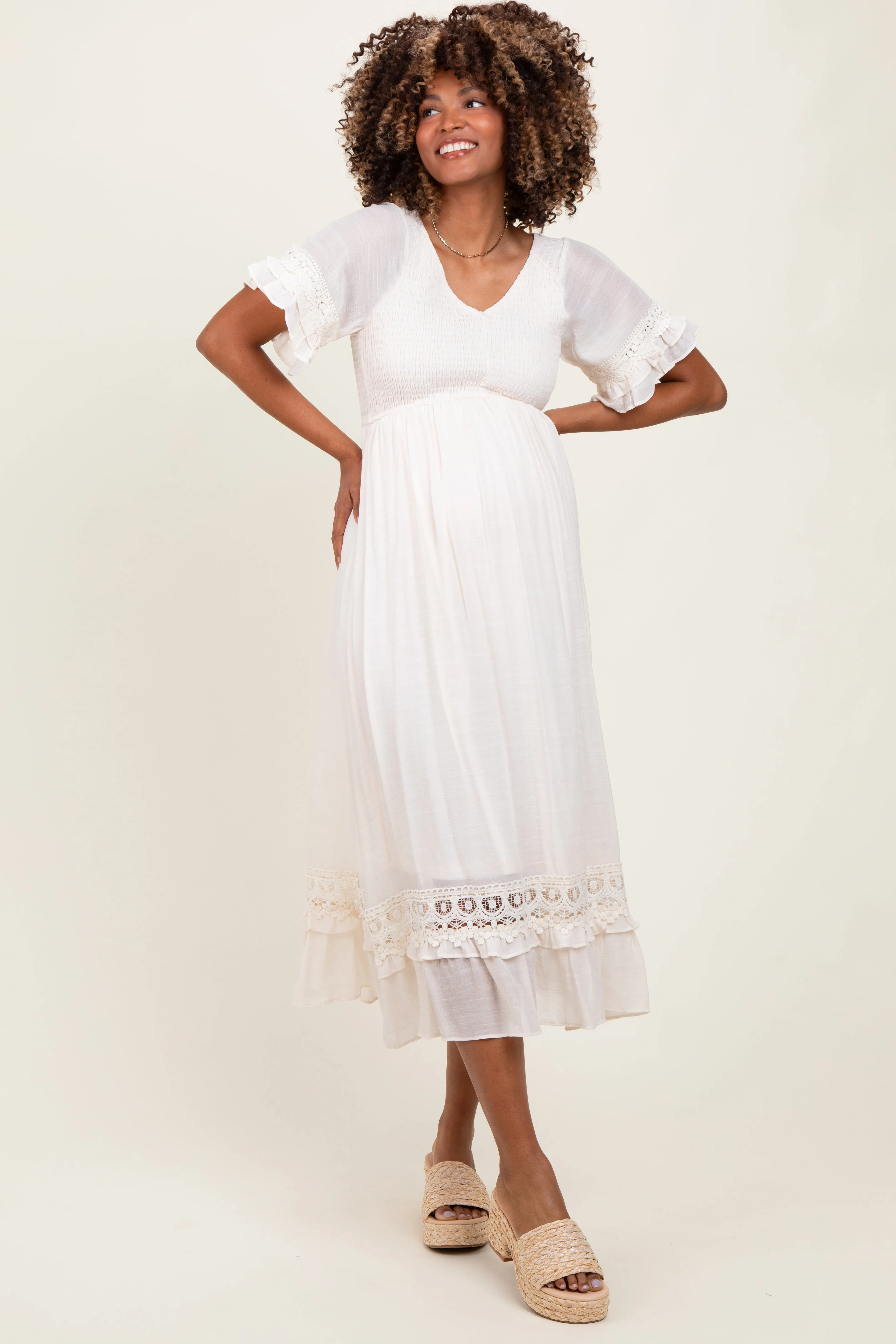 Cream Smocked Crochet Ruffle Trim Maternity Midi Dress sold by Pinkblush product image thumbnail 2