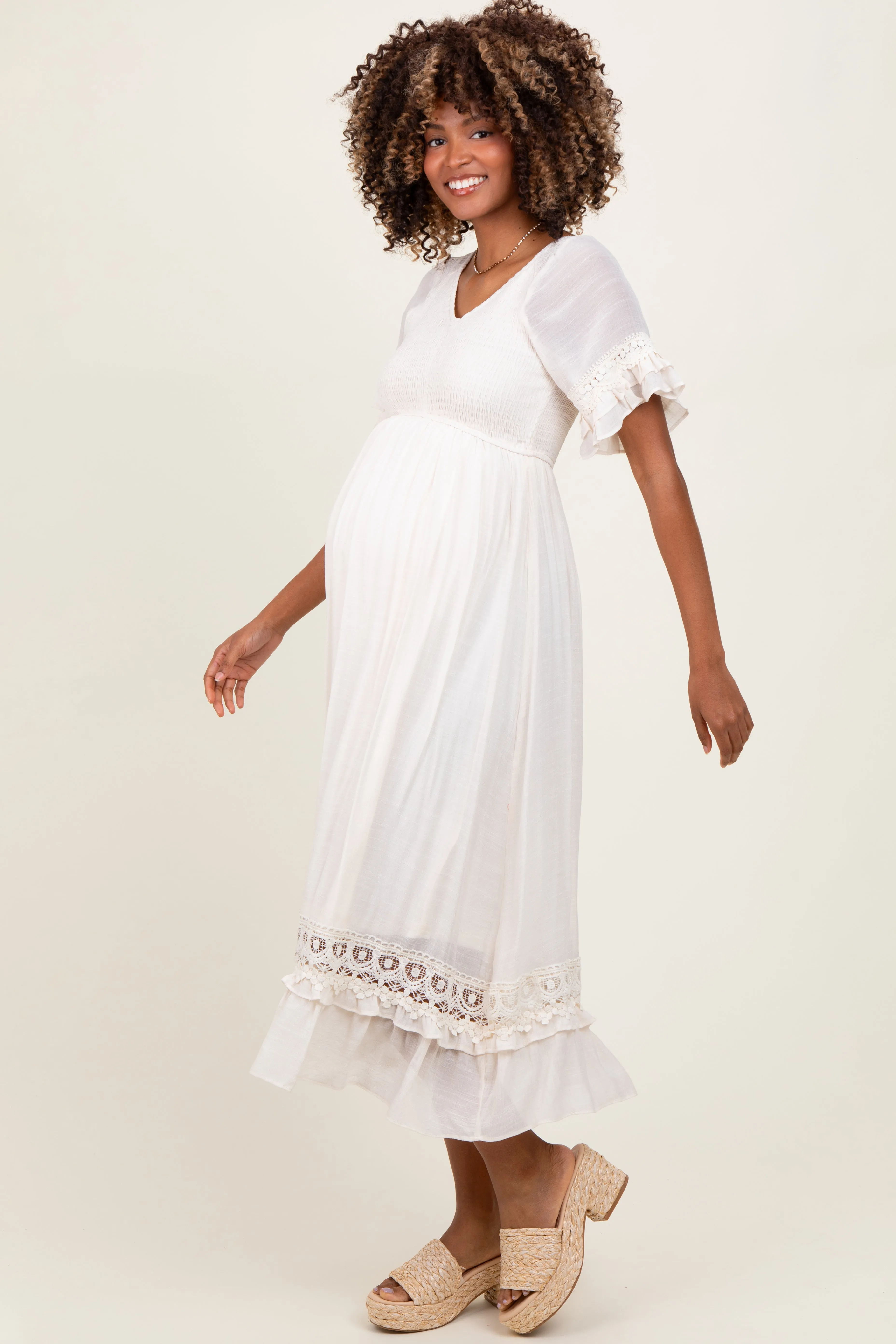 Cream Smocked Crochet Ruffle Trim Maternity Midi Dress sold by Pinkblush product image thumbnail 3