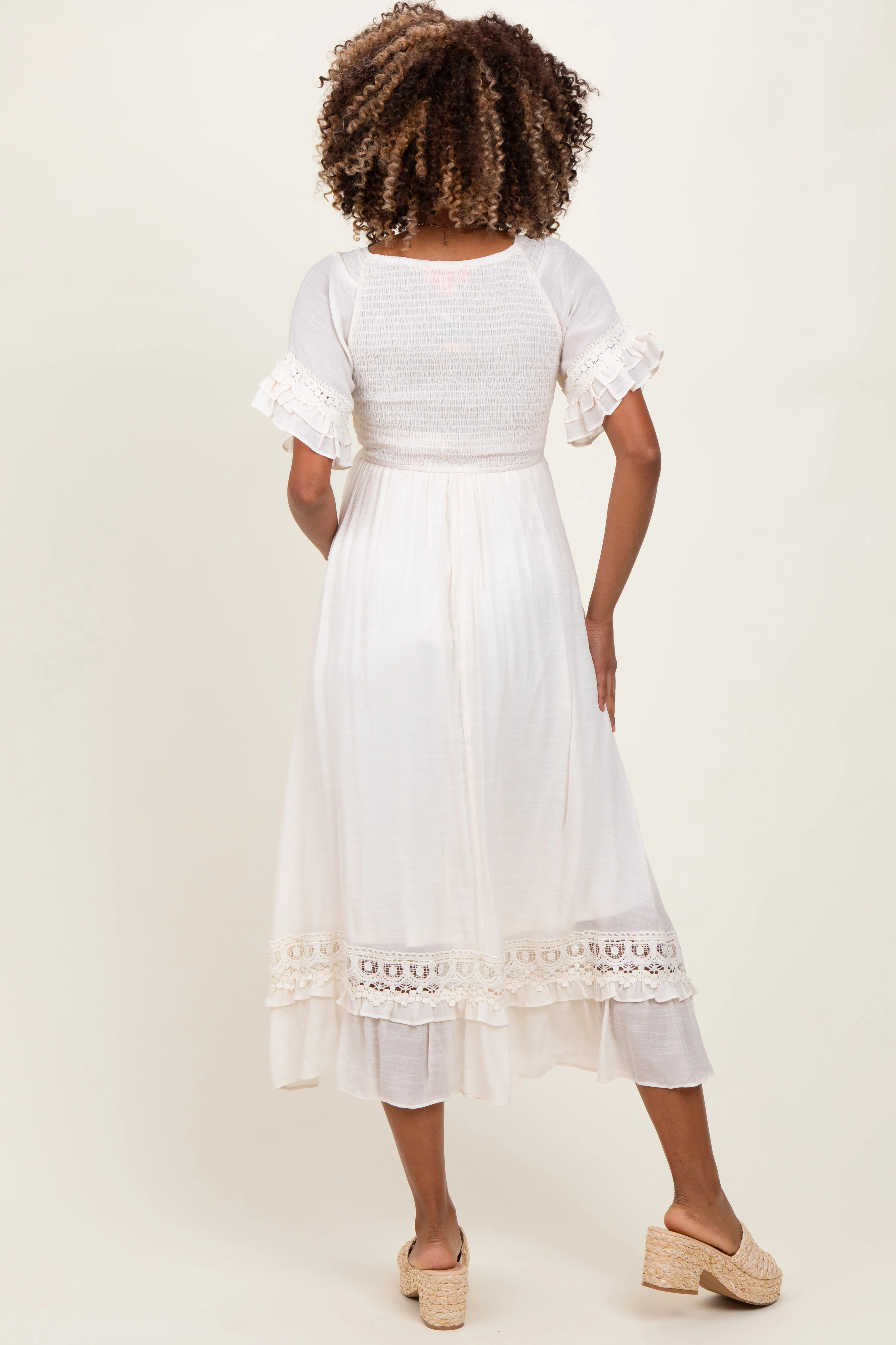 Cream Smocked Crochet Ruffle Trim Maternity Midi Dress sold by Pinkblush product image thumbnail 4
