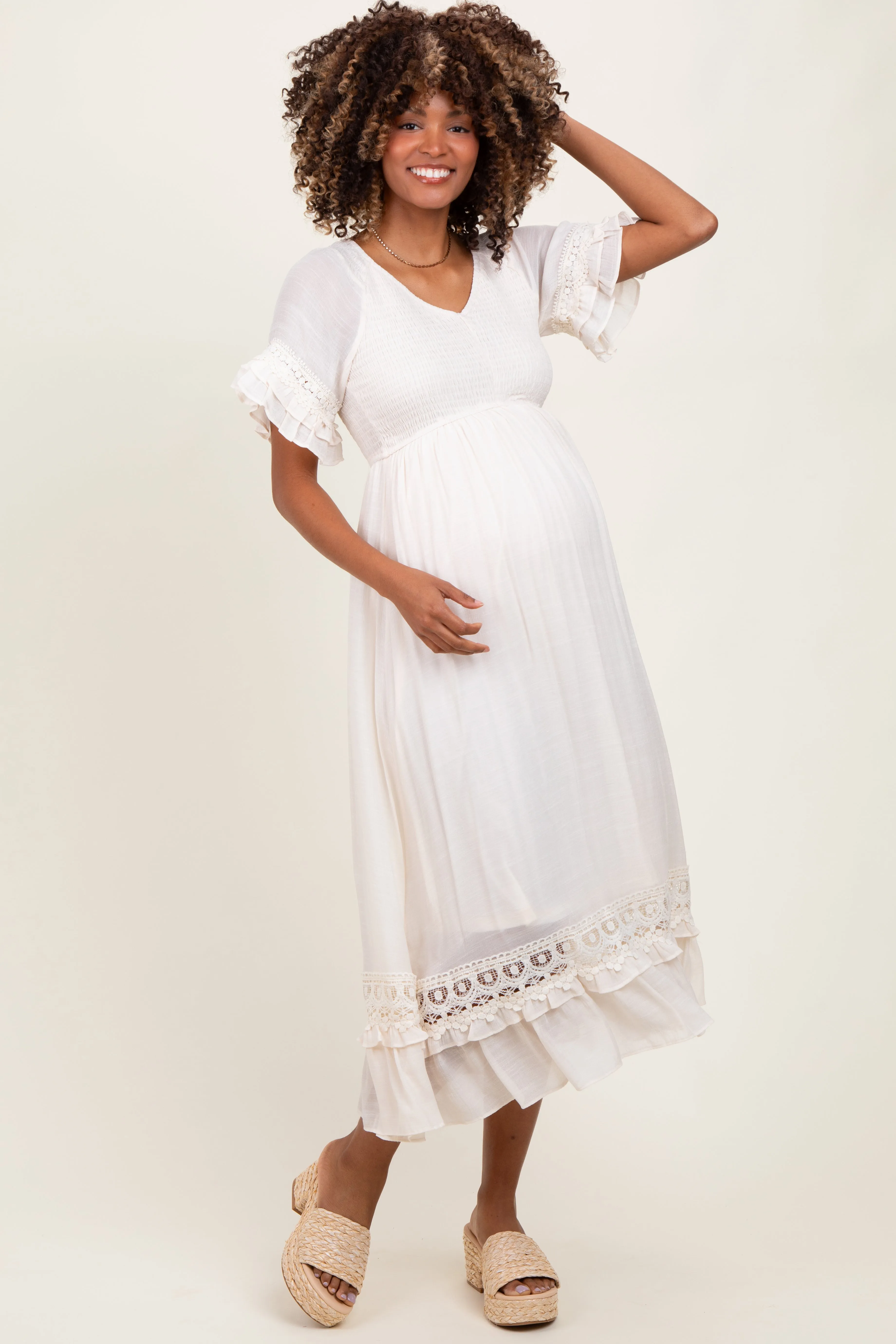 Cream Smocked Crochet Ruffle Trim Maternity Midi Dress sold by Pinkblush