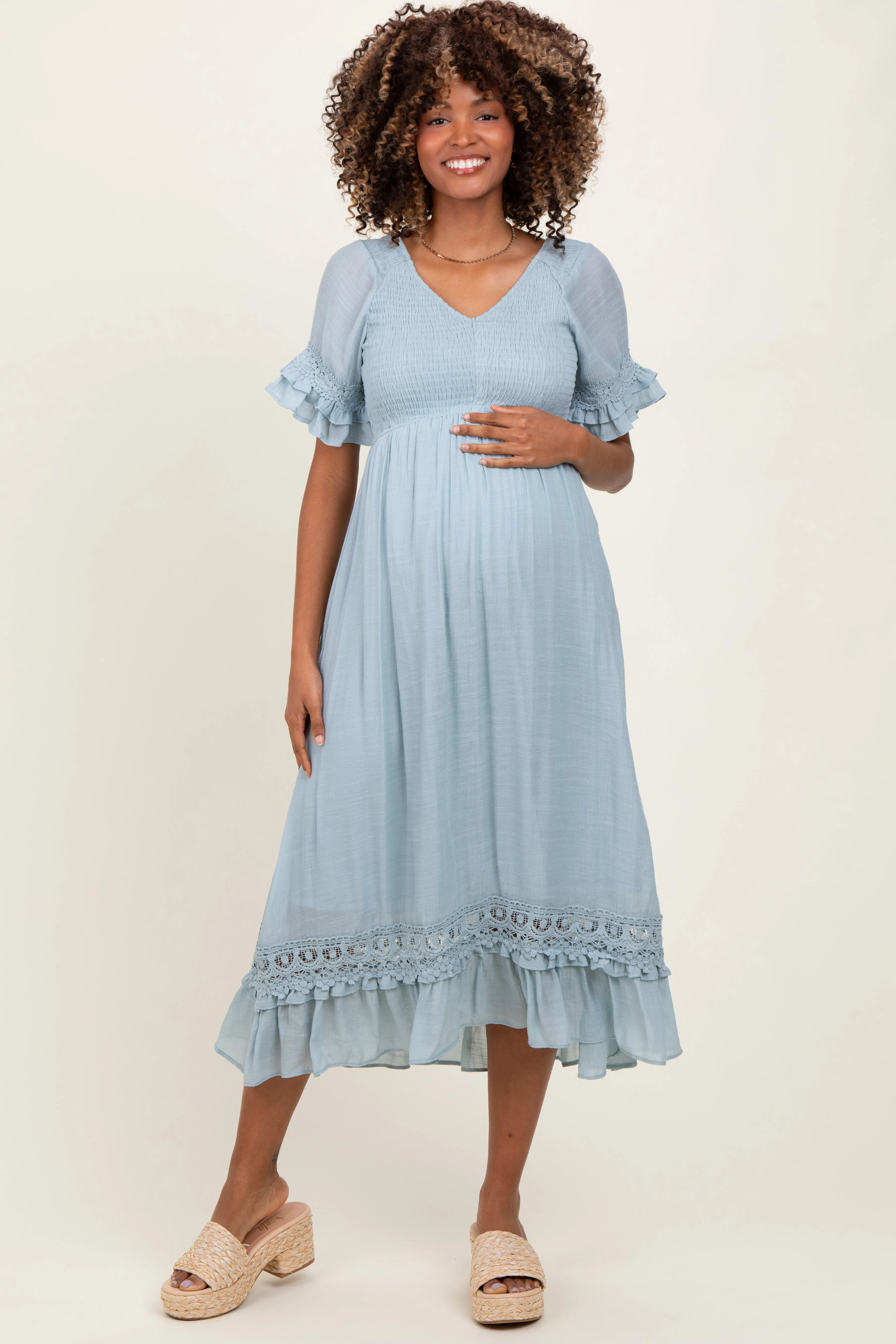 Light Blue Smocked Crochet Ruffle Trim Maternity Midi Dress sold by Pinkblush