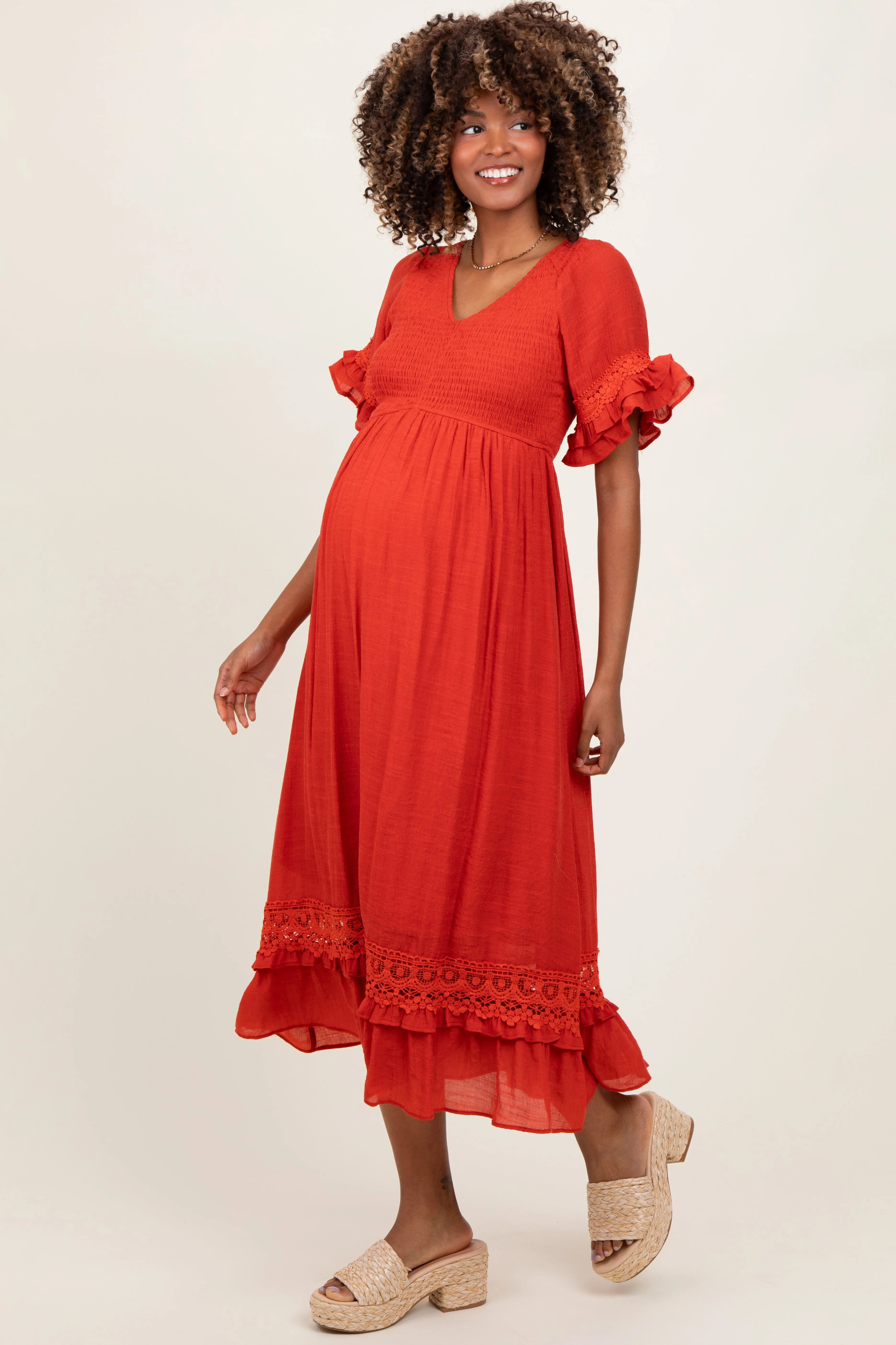 Rust Smocked Crochet Ruffle Trim Maternity Midi Dress sold by Pinkblush product image thumbnail 2