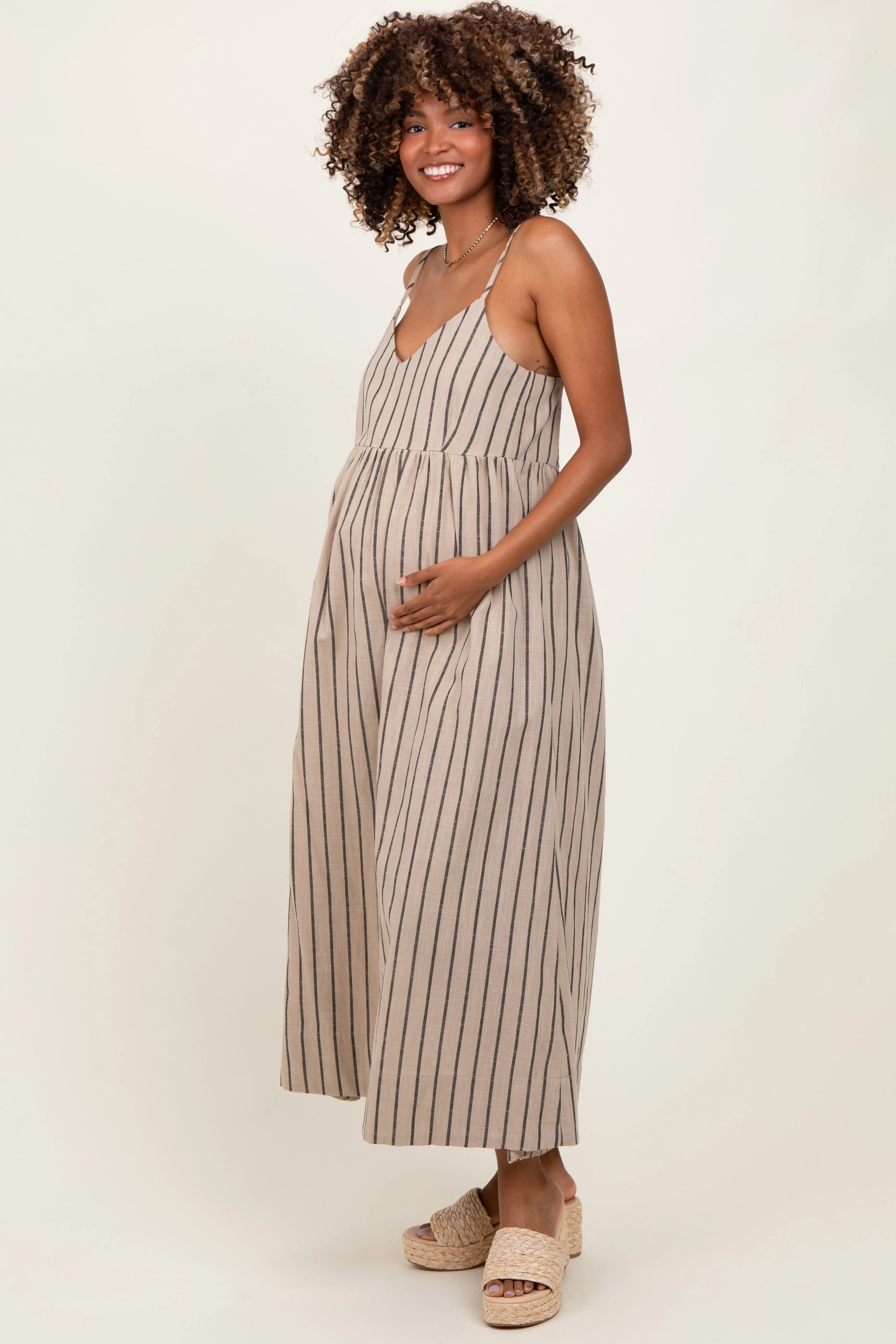 Beige Striped Linen Blend Maternity Maxi Dress sold by Pinkblush product image thumbnail 2