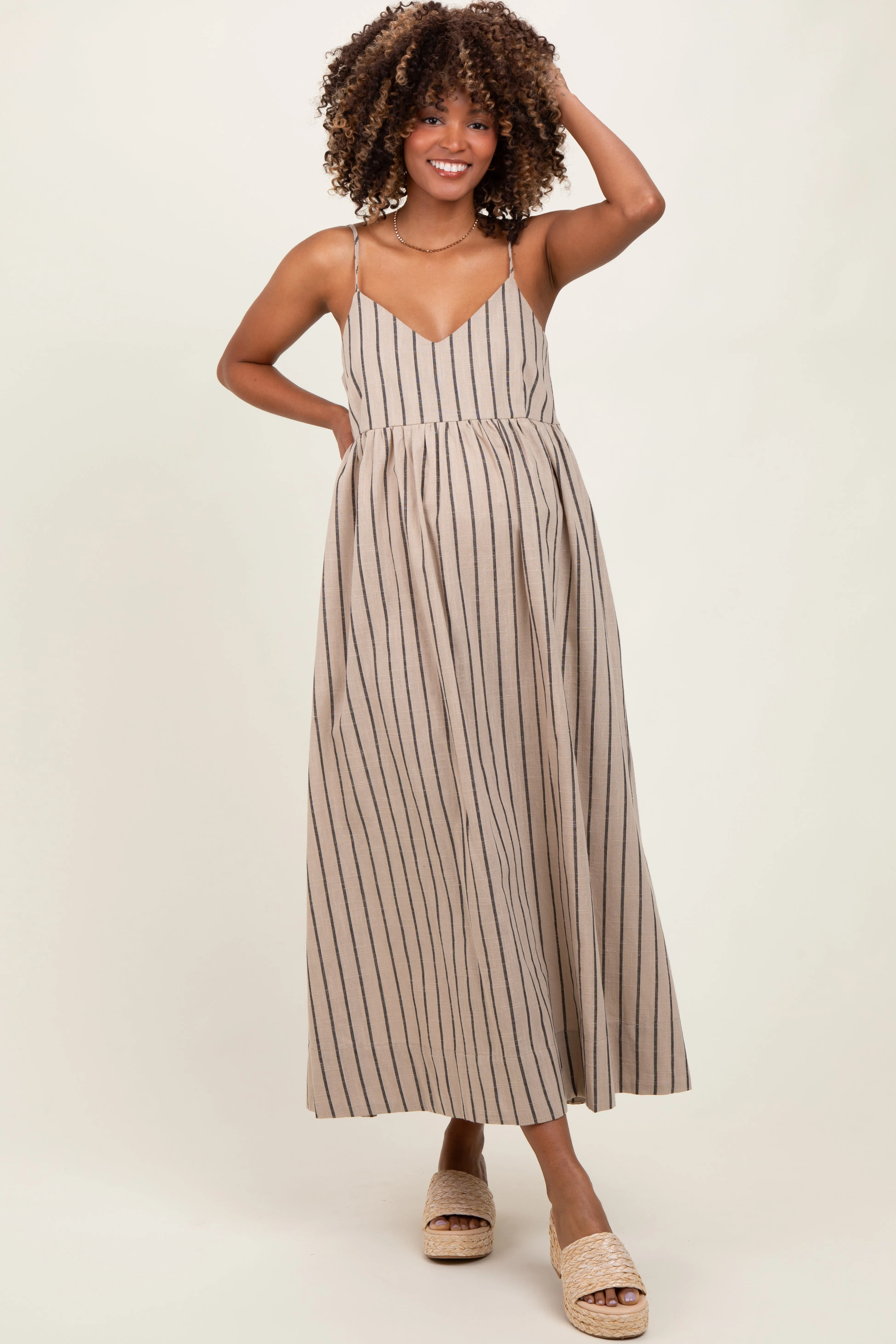 Beige Striped Linen Blend Maternity Maxi Dress sold by Pinkblush