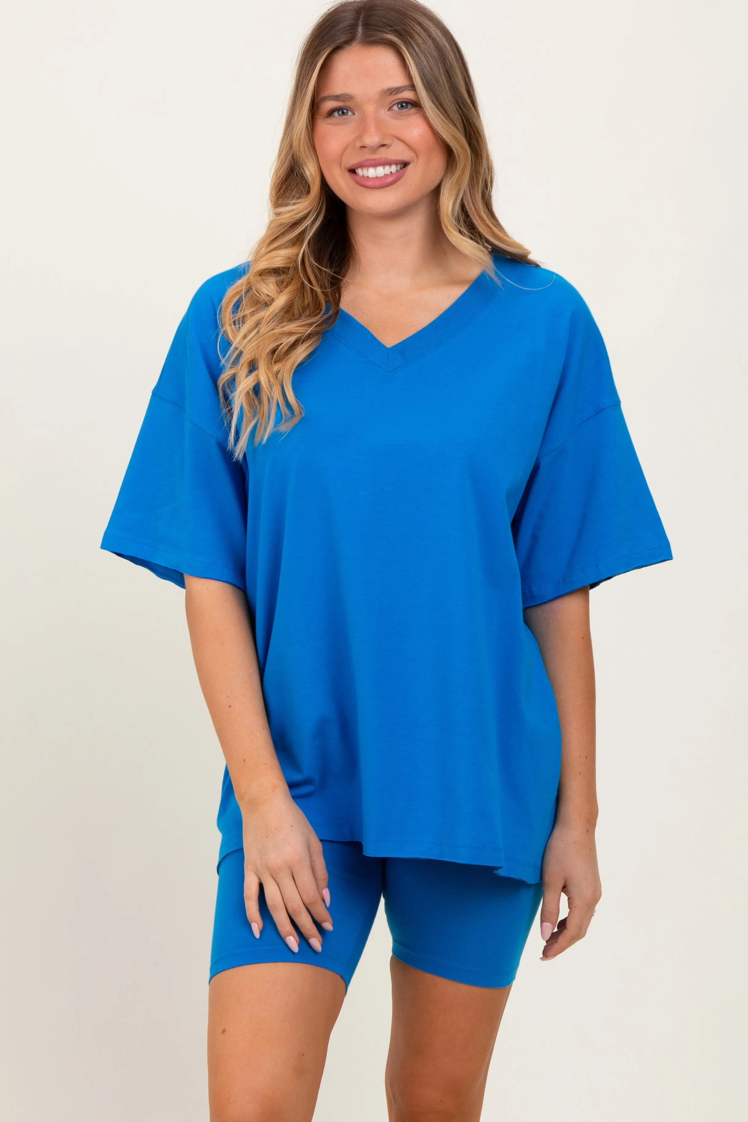 Aqua Oversized V-Neck Biker Short Set sold by Pinkblush