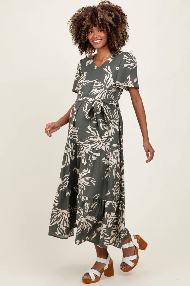Olive Floral V-Neck Waist Tie Maternity Midi Dress sold by Pinkblush product image thumbnail 2