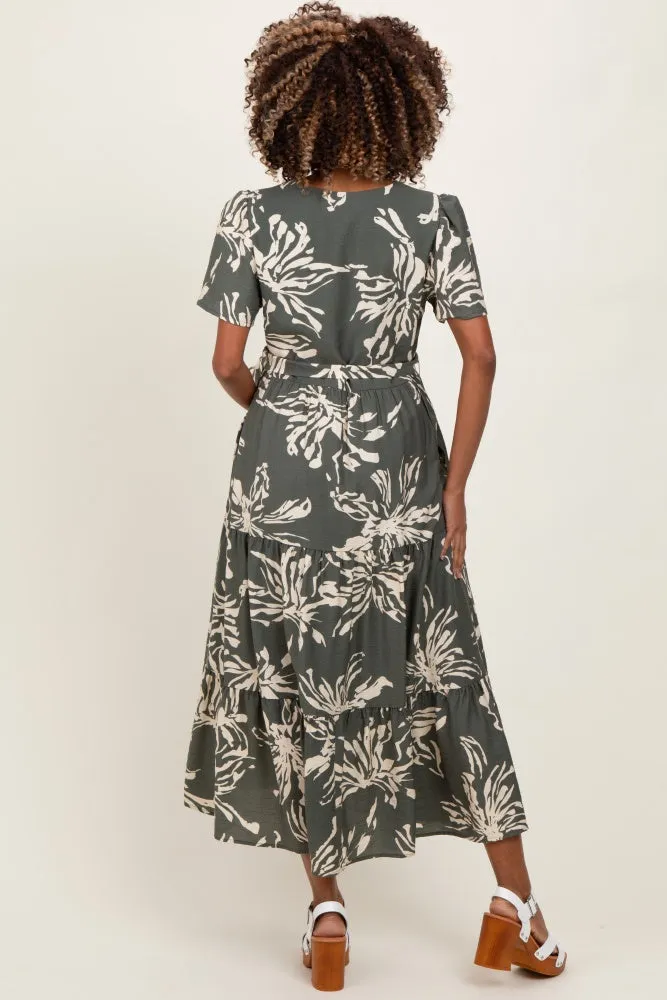 Olive Floral V-Neck Waist Tie Maternity Midi Dress sold by Pinkblush product image thumbnail 3