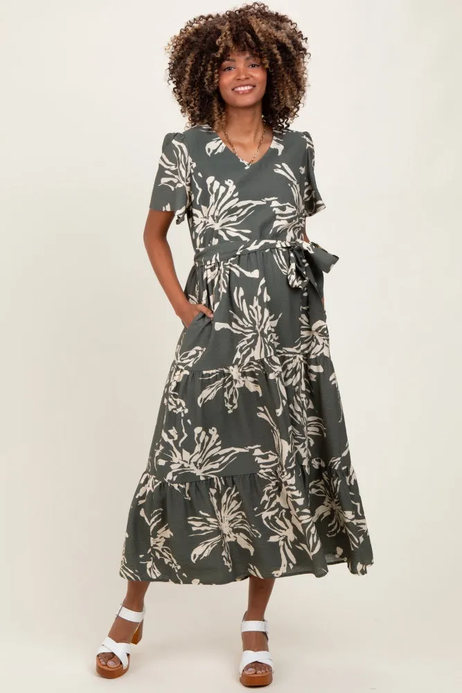 Olive Floral V-Neck Waist Tie Maternity Midi Dress sold by Pinkblush