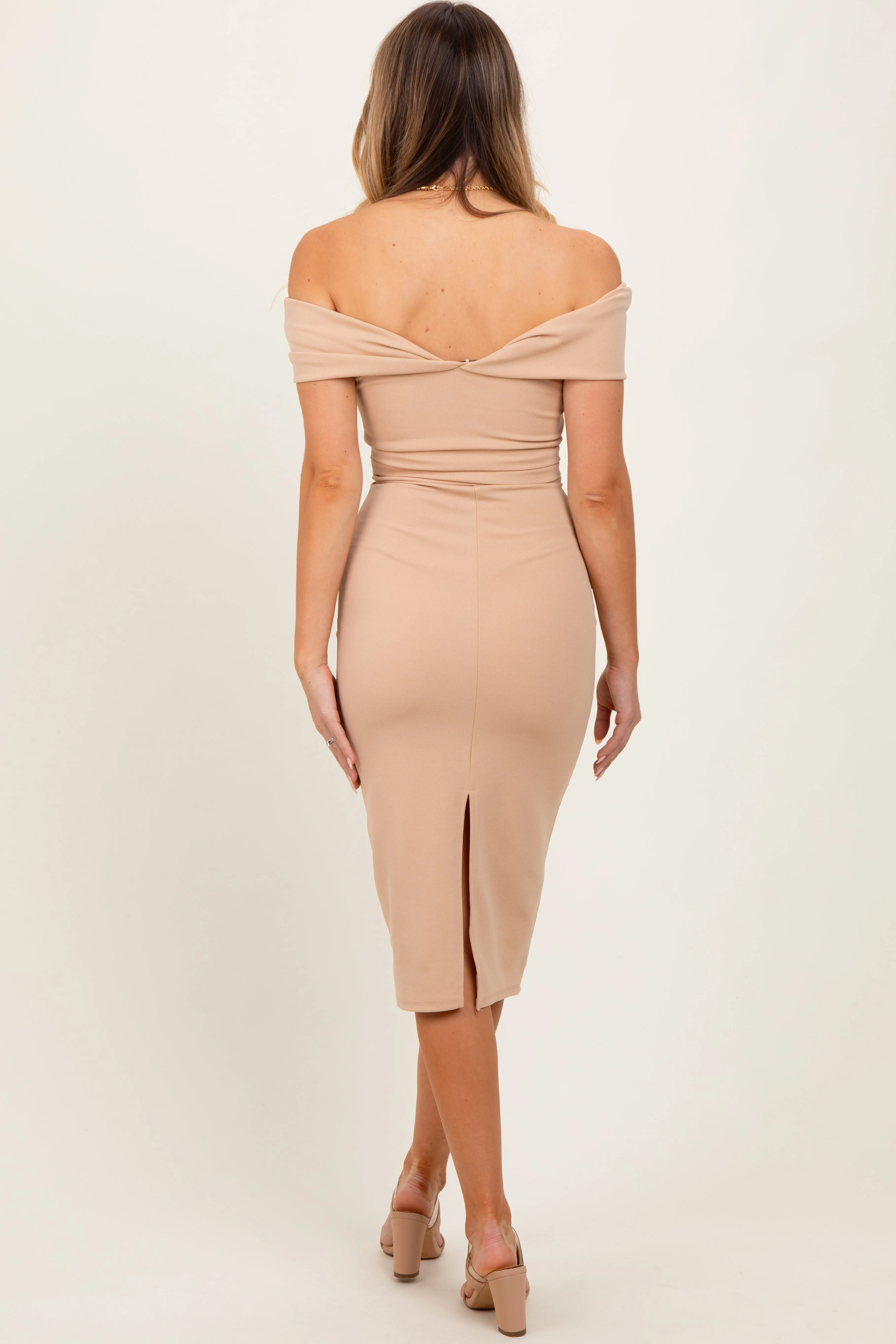 Beige Off Shoulder Fitted Midi Dress sold by Pinkblush product image thumbnail 4