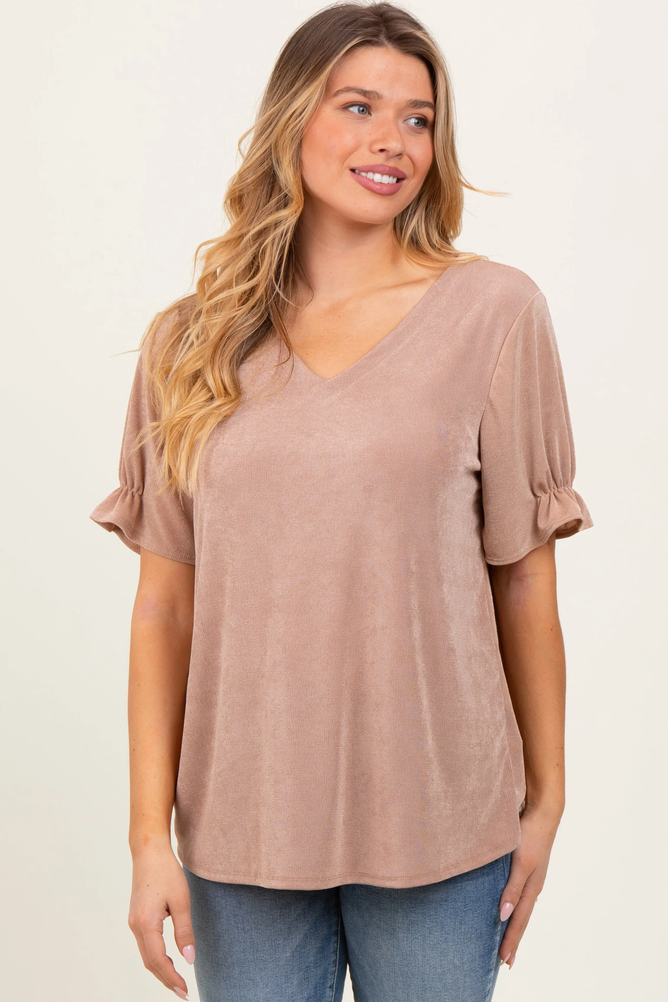 Mocha Relaxed Ruffle Detail Short Sleeve Top sold by Pinkblush product image thumbnail 2