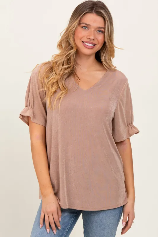 Mocha Relaxed Ruffle Detail Short Sleeve Top sold by Pinkblush