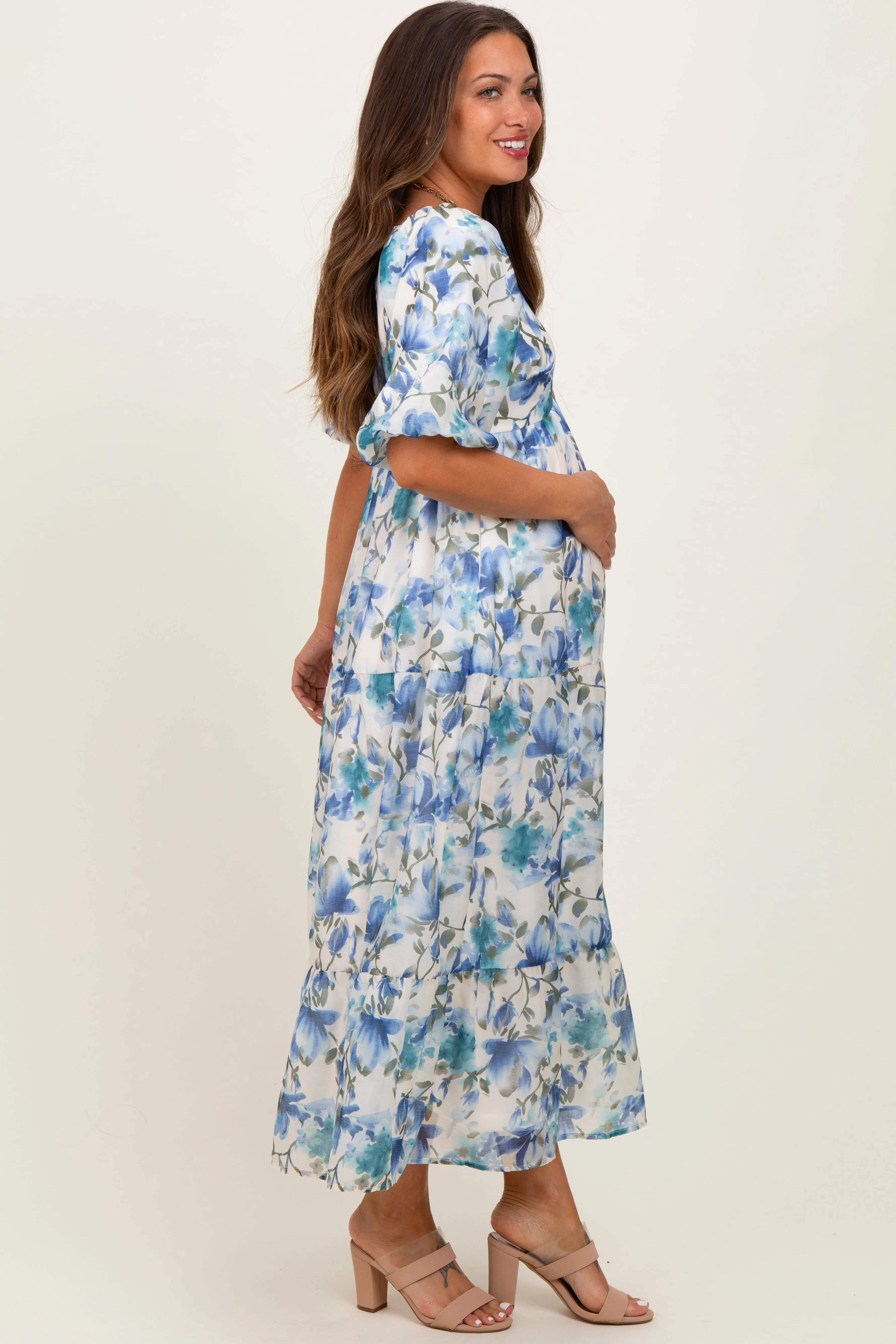 Blue Floral Tiered Puff Sleeve Maternity Midi Dress sold by Pinkblush product image thumbnail 3