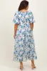 Blue Floral Tiered Puff Sleeve Maternity Midi Dress sold by Pinkblush