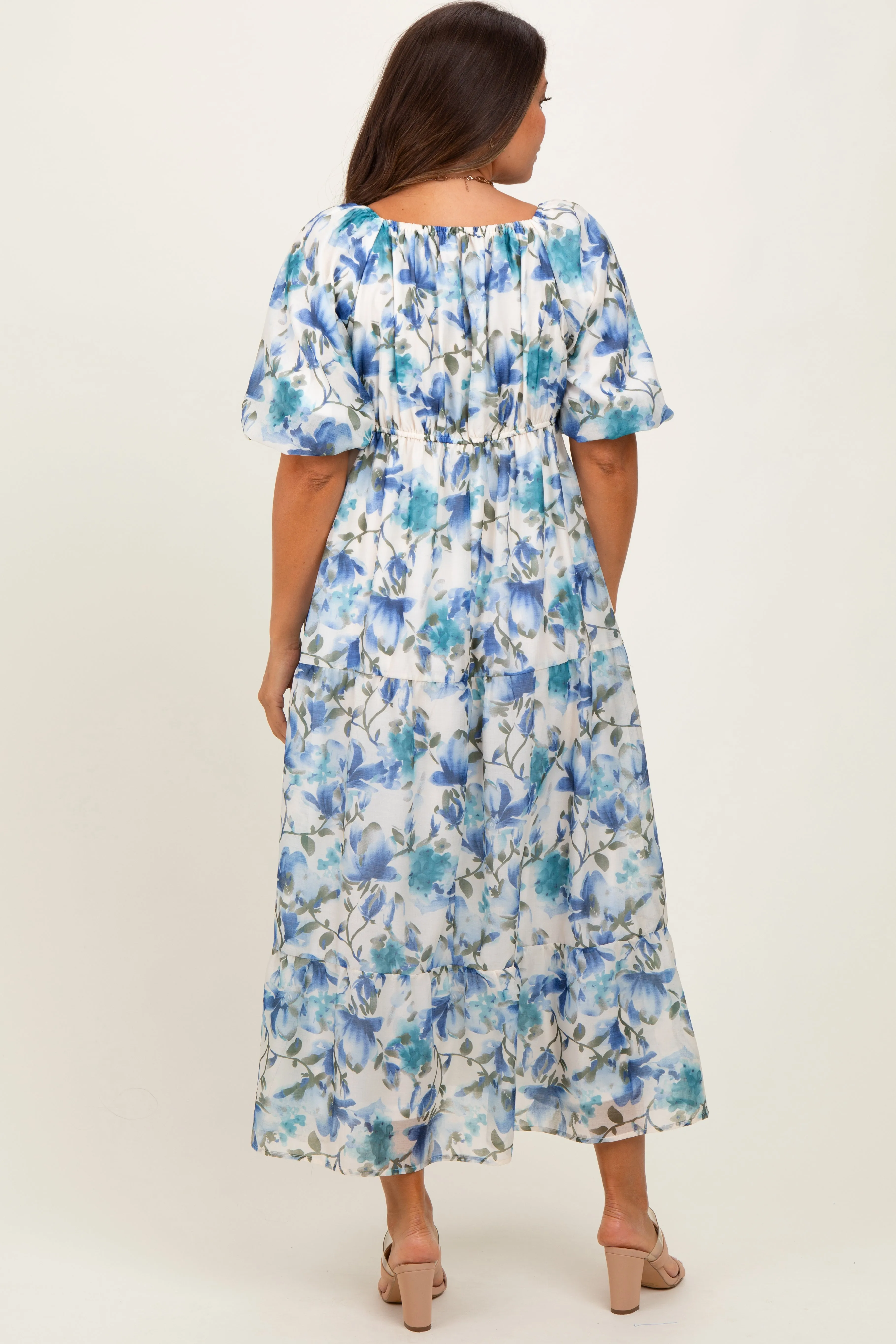Blue Floral Tiered Puff Sleeve Maternity Midi Dress sold by Pinkblush product image thumbnail 4