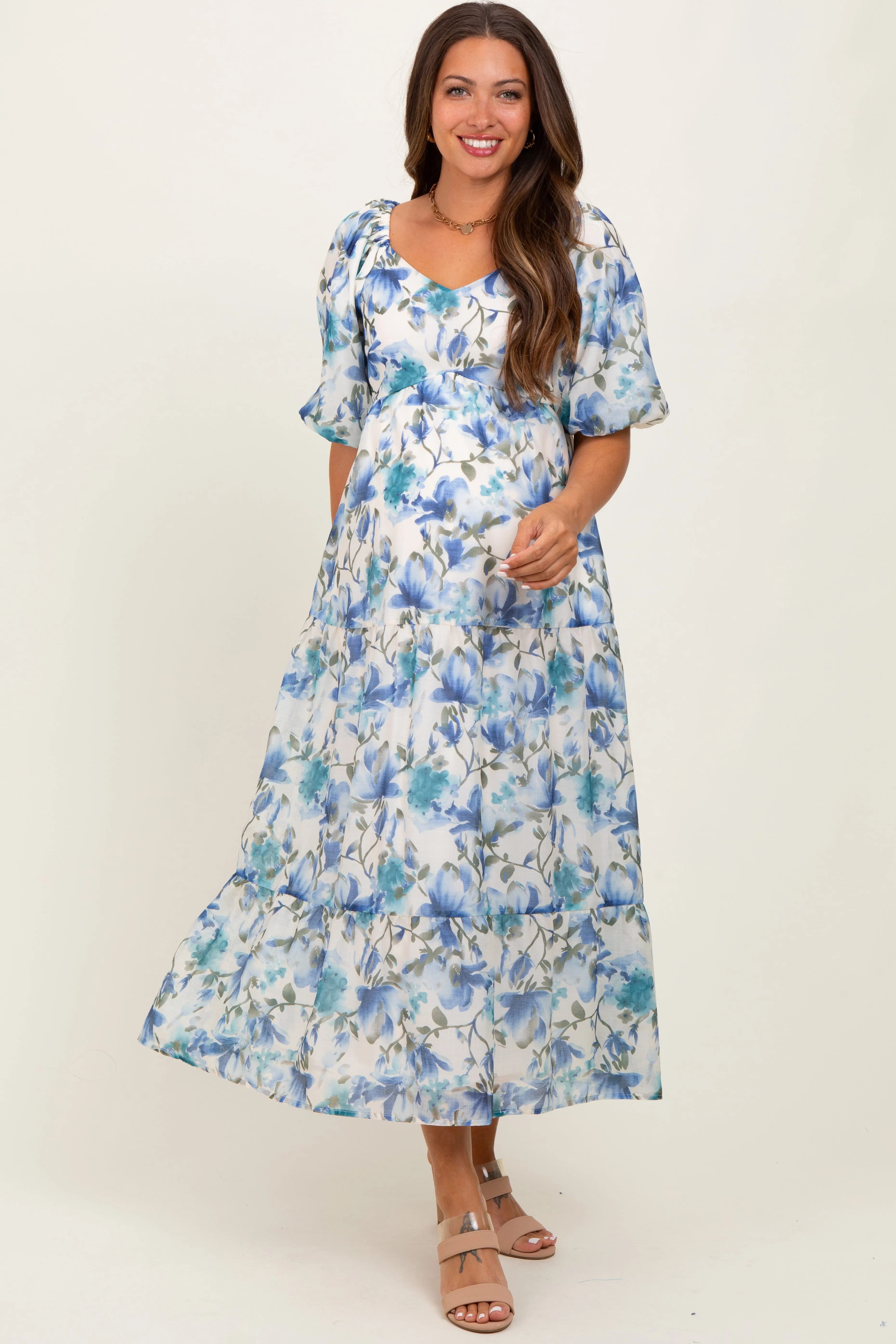 Blue Floral Tiered Puff Sleeve Maternity Midi Dress sold by Pinkblush