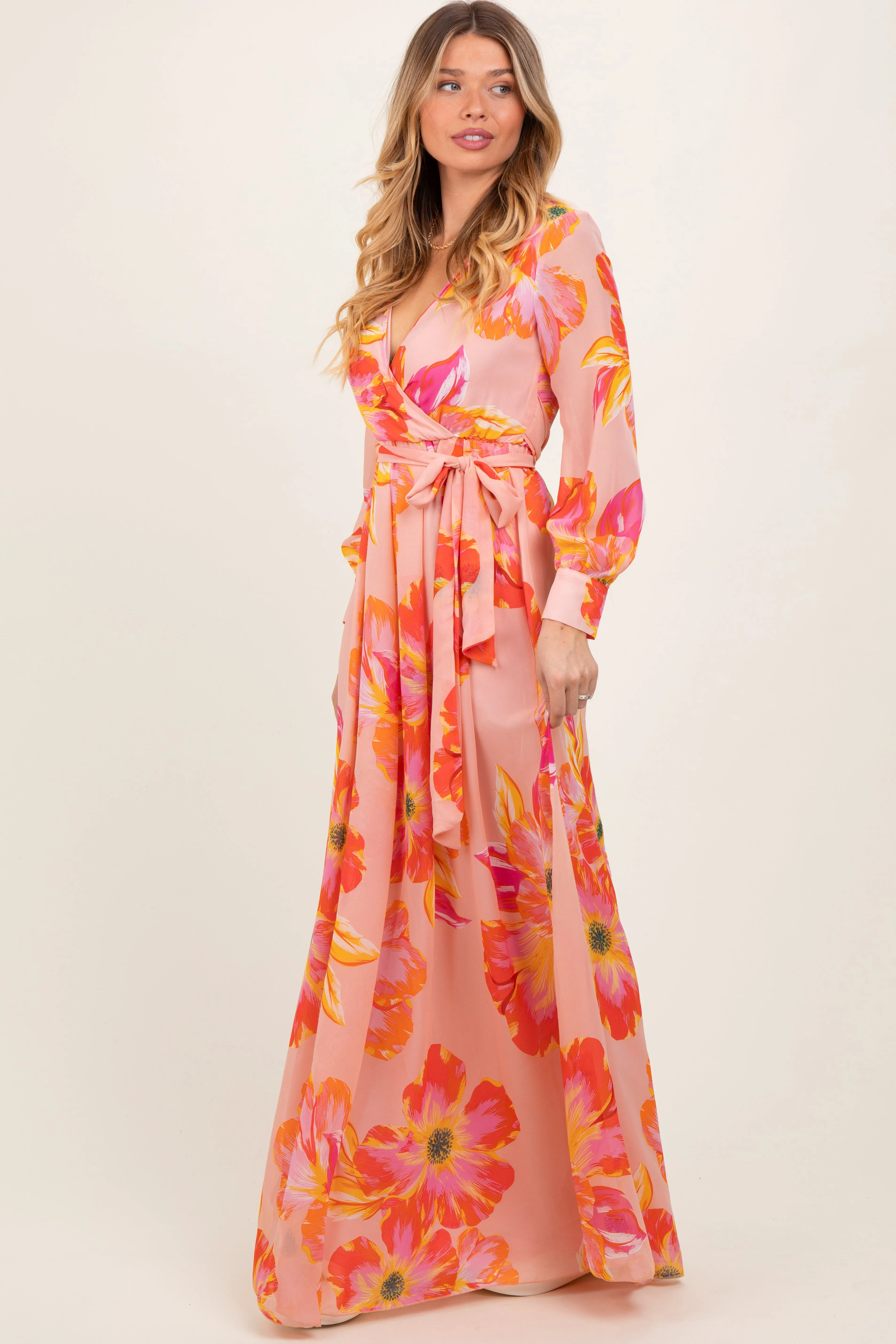 Peach Floral Chiffon Sash Tie Wrap Maxi Dress sold by Pinkblush product image thumbnail 3