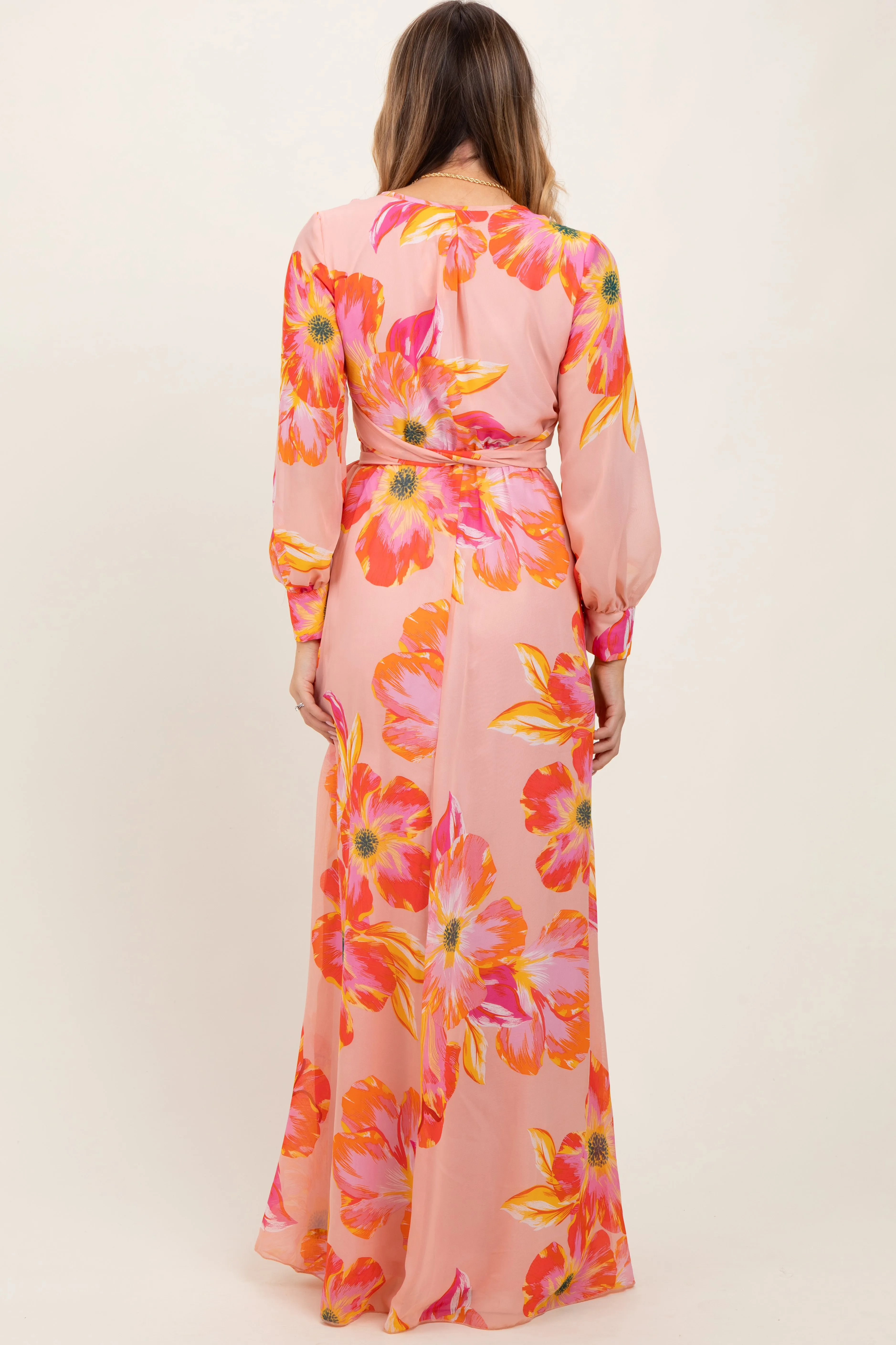 Peach Floral Chiffon Sash Tie Wrap Maxi Dress sold by Pinkblush product image thumbnail 4