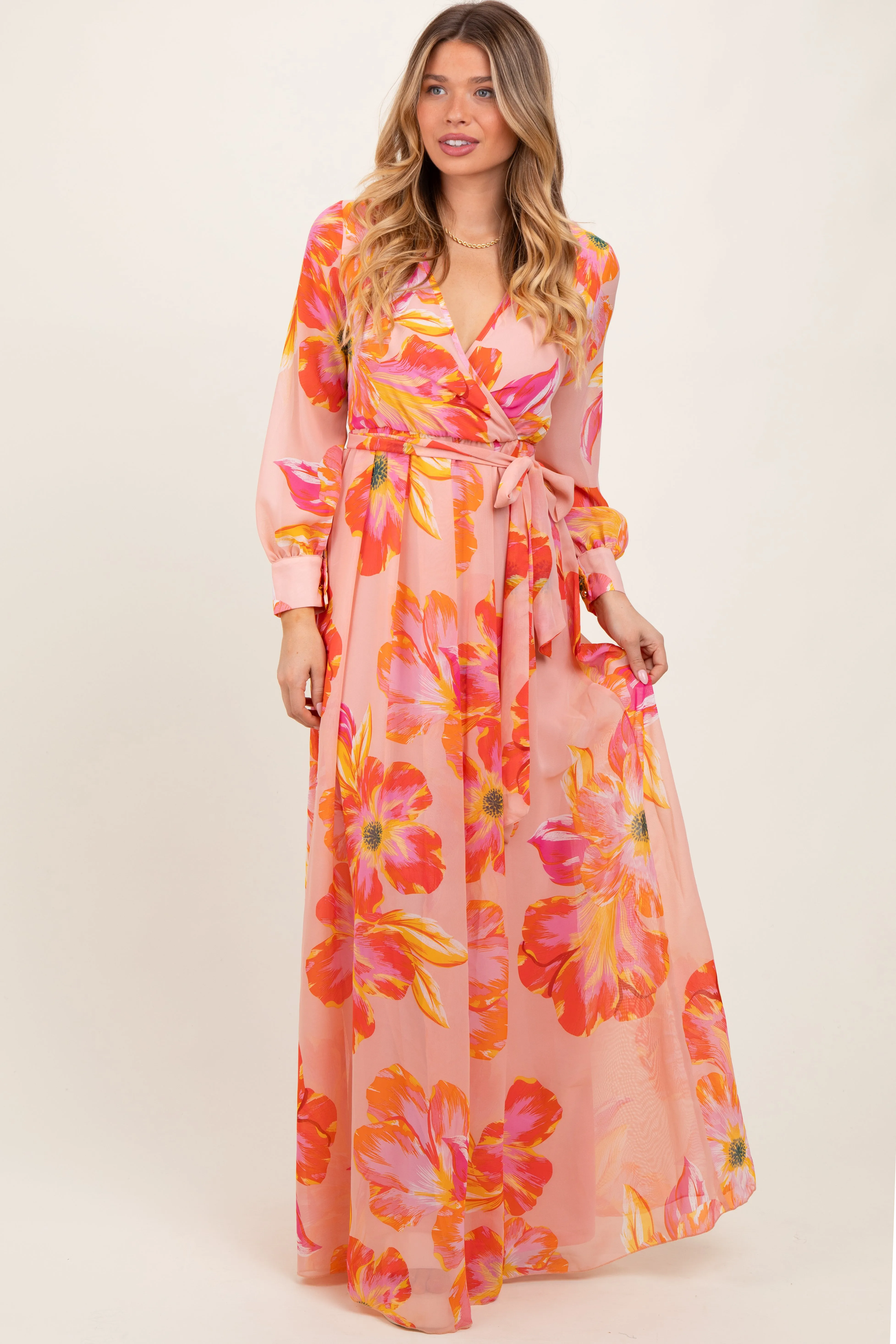Peach Floral Chiffon Sash Tie Wrap Maxi Dress sold by Pinkblush