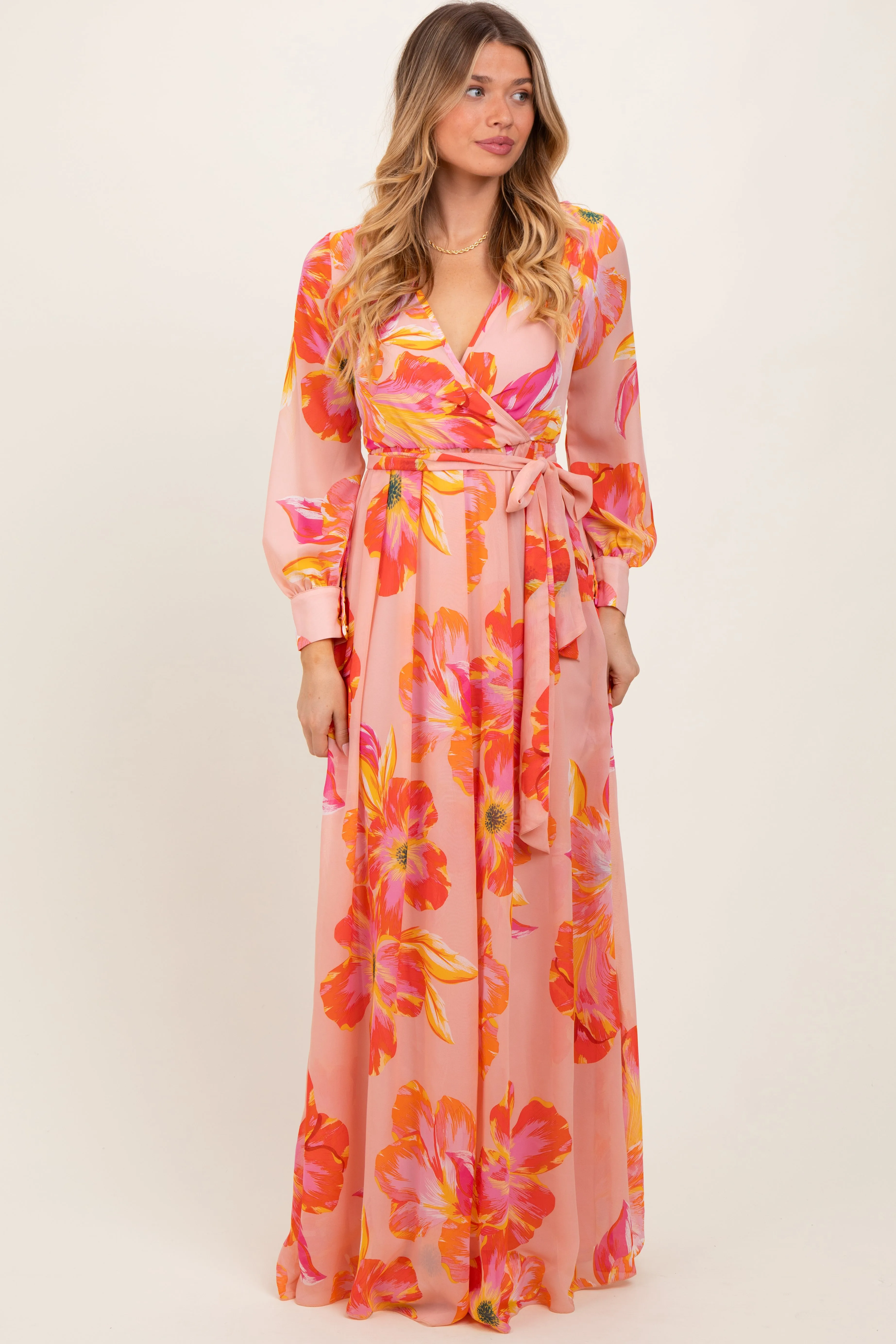 Peach Floral Chiffon Sash Tie Wrap Maxi Dress sold by Pinkblush product image thumbnail 2