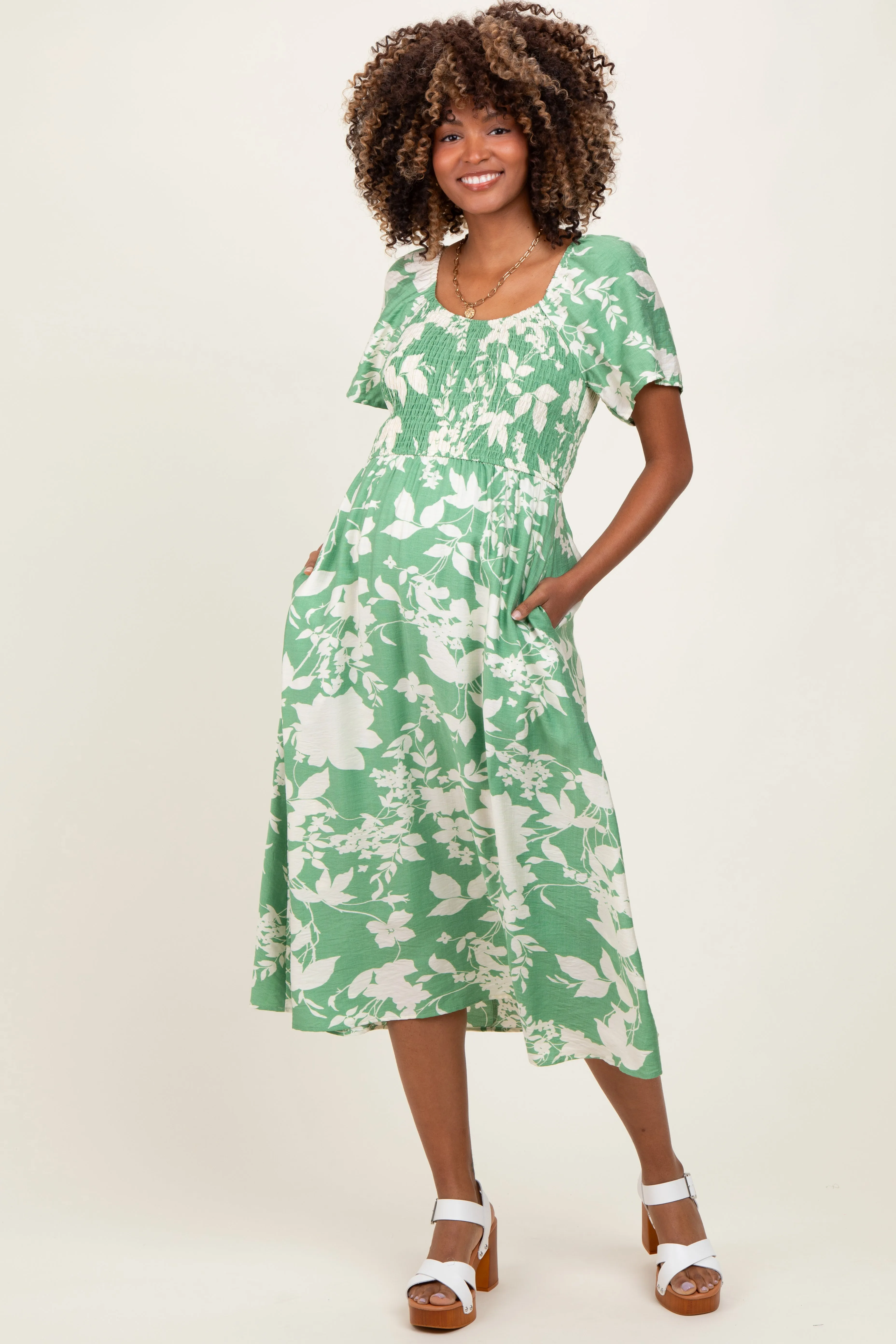 Green Floral Smocked Short Sleeve Maternity Midi Dress sold by Pinkblush