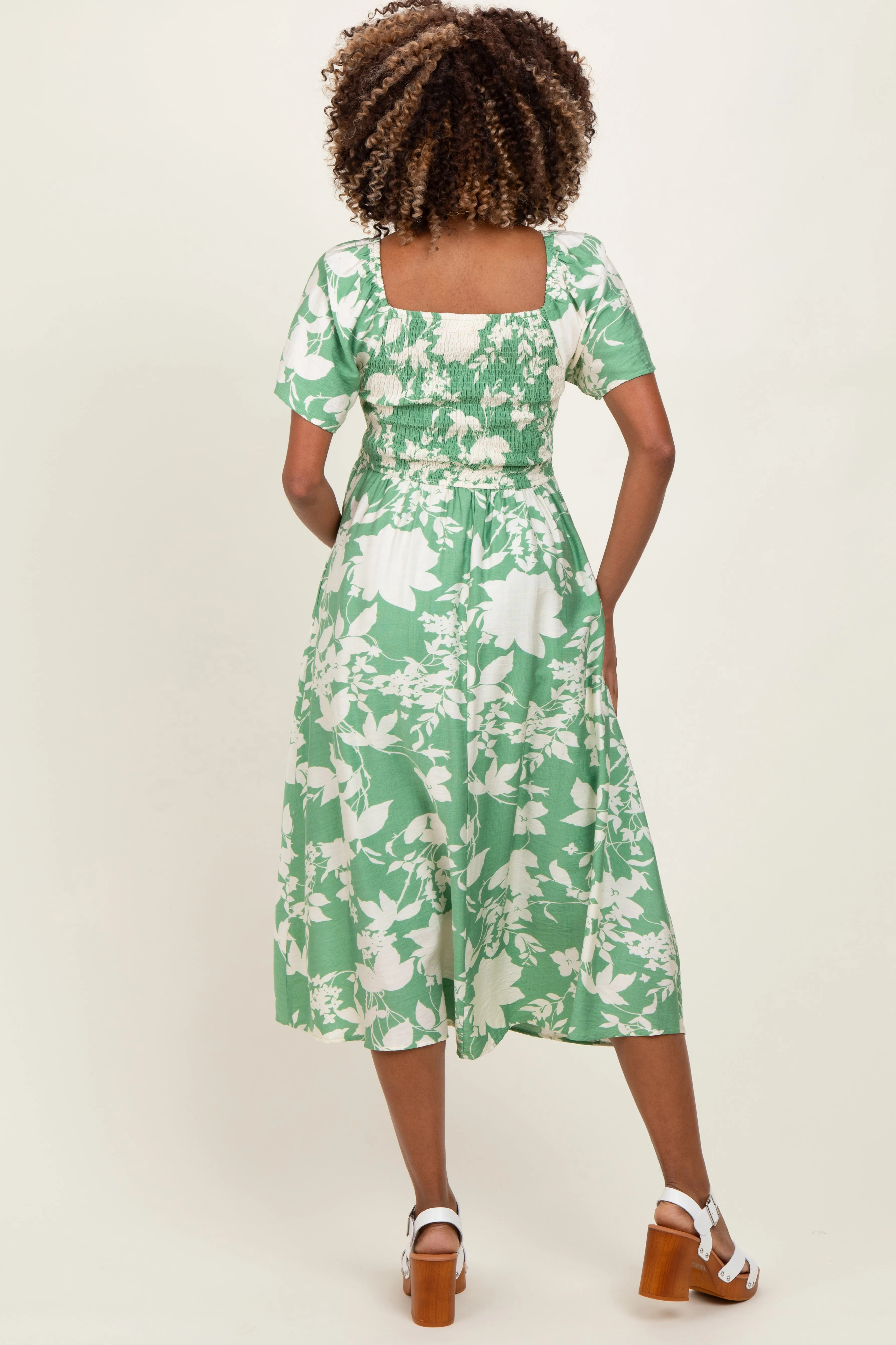 Green Floral Smocked Short Sleeve Maternity Midi Dress sold by Pinkblush product image thumbnail 2