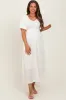 Cream Smocked V-Neck Short Puff Sleeve Textured Maternity Midi Dress sold by Pinkblush