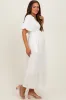 Cream Smocked V-Neck Short Puff Sleeve Textured Maternity Midi Dress sold by Pinkblush