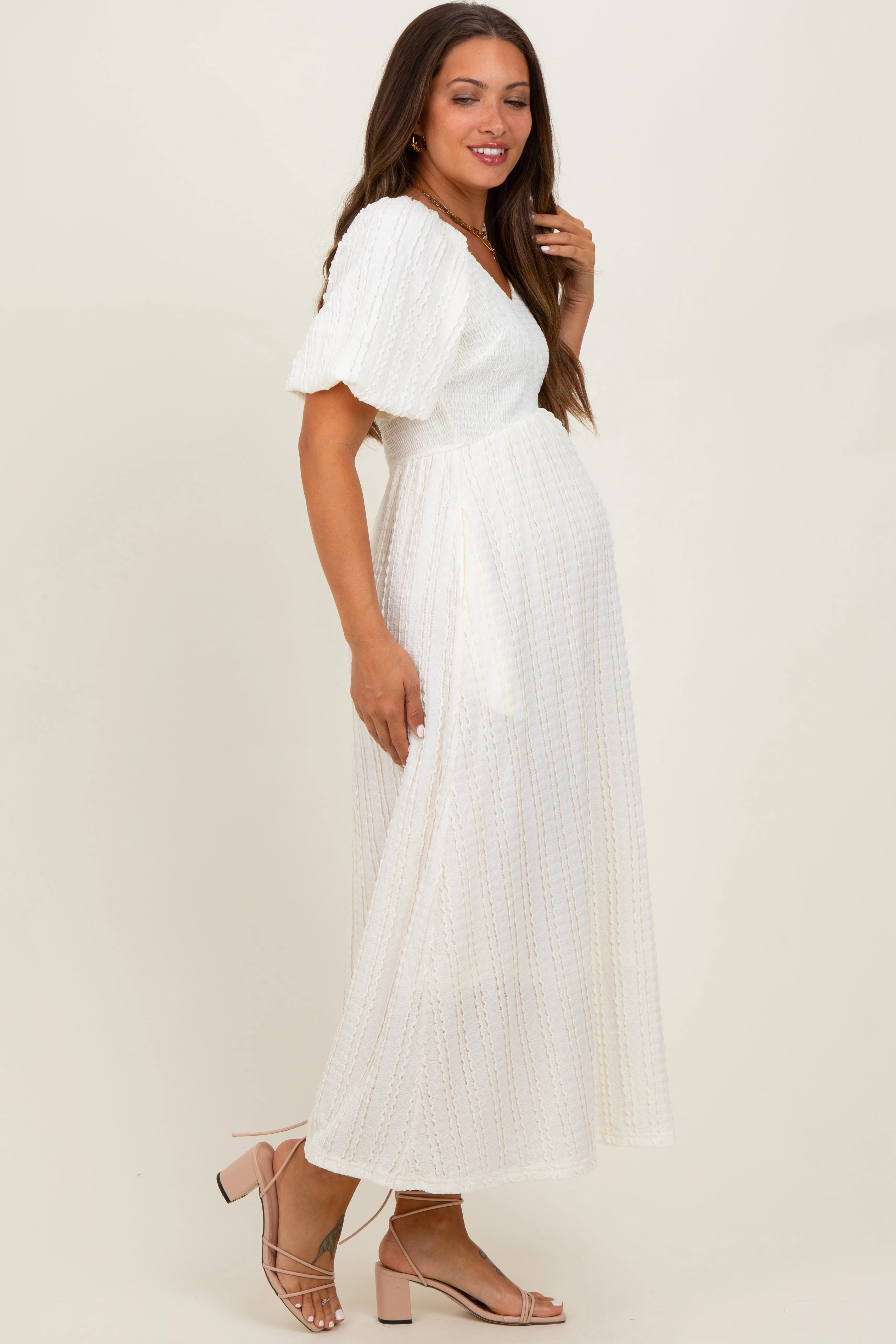 Cream Smocked V-Neck Short Puff Sleeve Textured Maternity Midi Dress sold by Pinkblush product image thumbnail 3