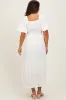 Cream Smocked V-Neck Short Puff Sleeve Textured Maternity Midi Dress sold by Pinkblush