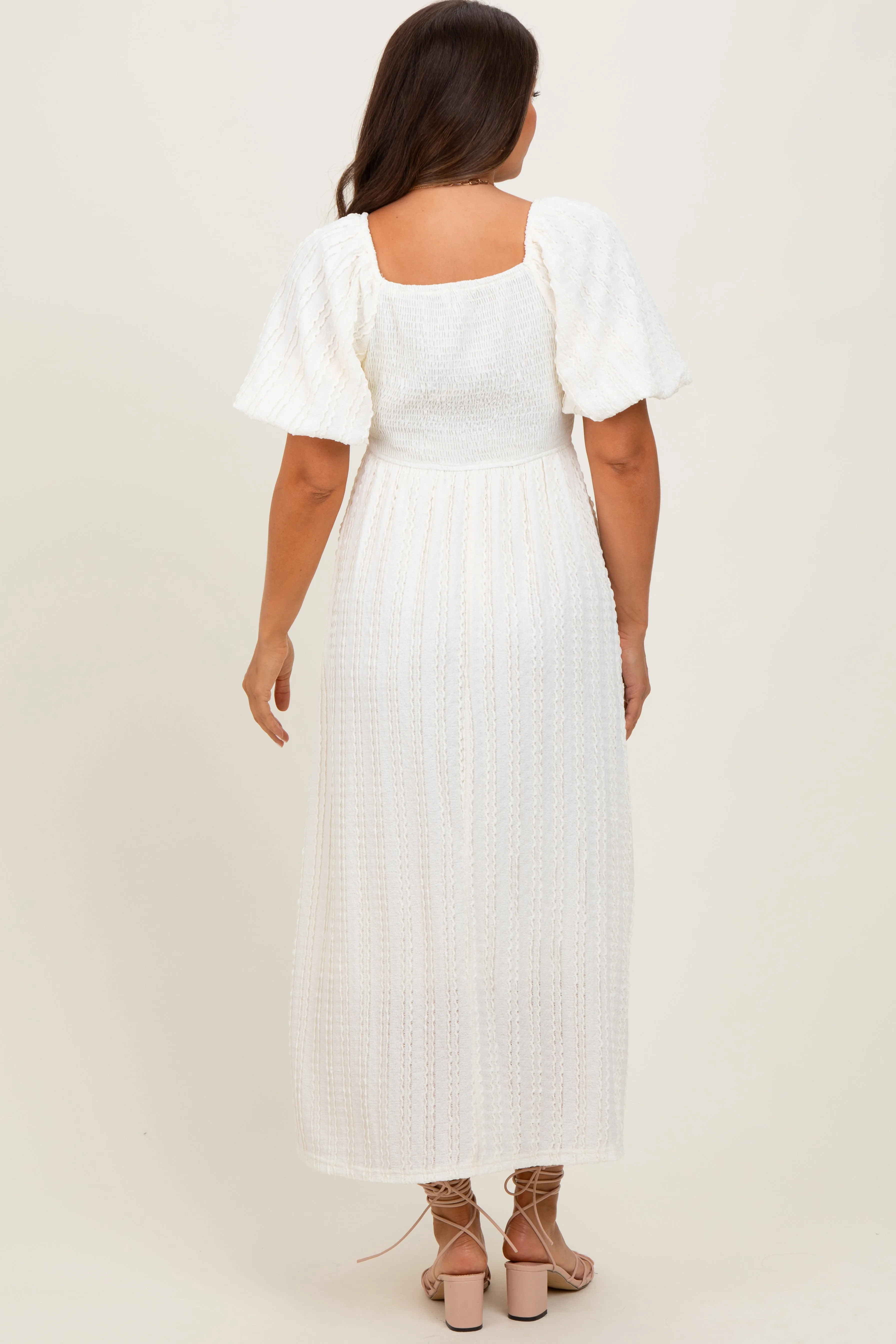 Cream Smocked V-Neck Short Puff Sleeve Textured Maternity Midi Dress sold by Pinkblush product image thumbnail 4