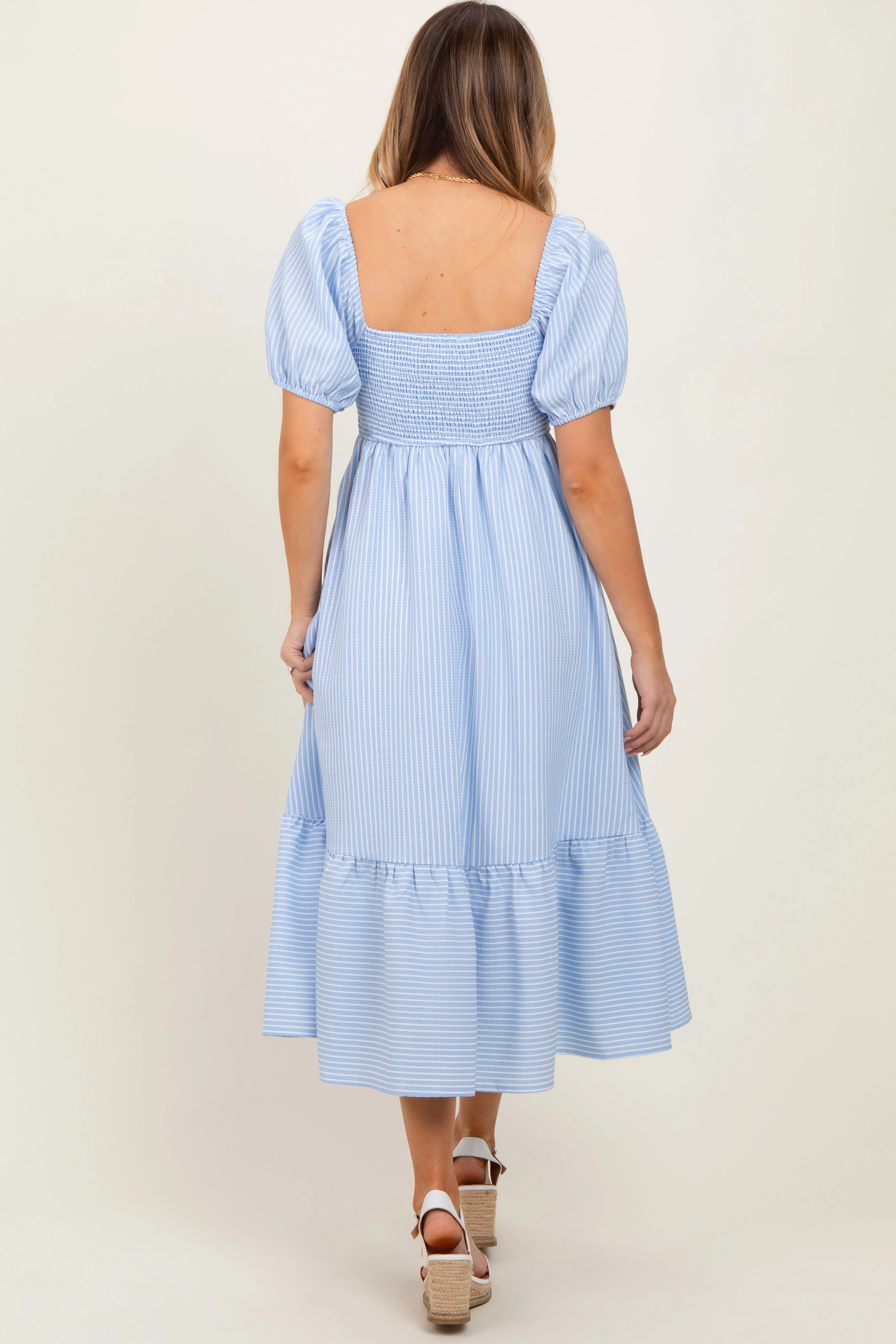 Light Blue Sweetheart Stripe Smocked Back Midi Dress sold by Pinkblush product image thumbnail 4
