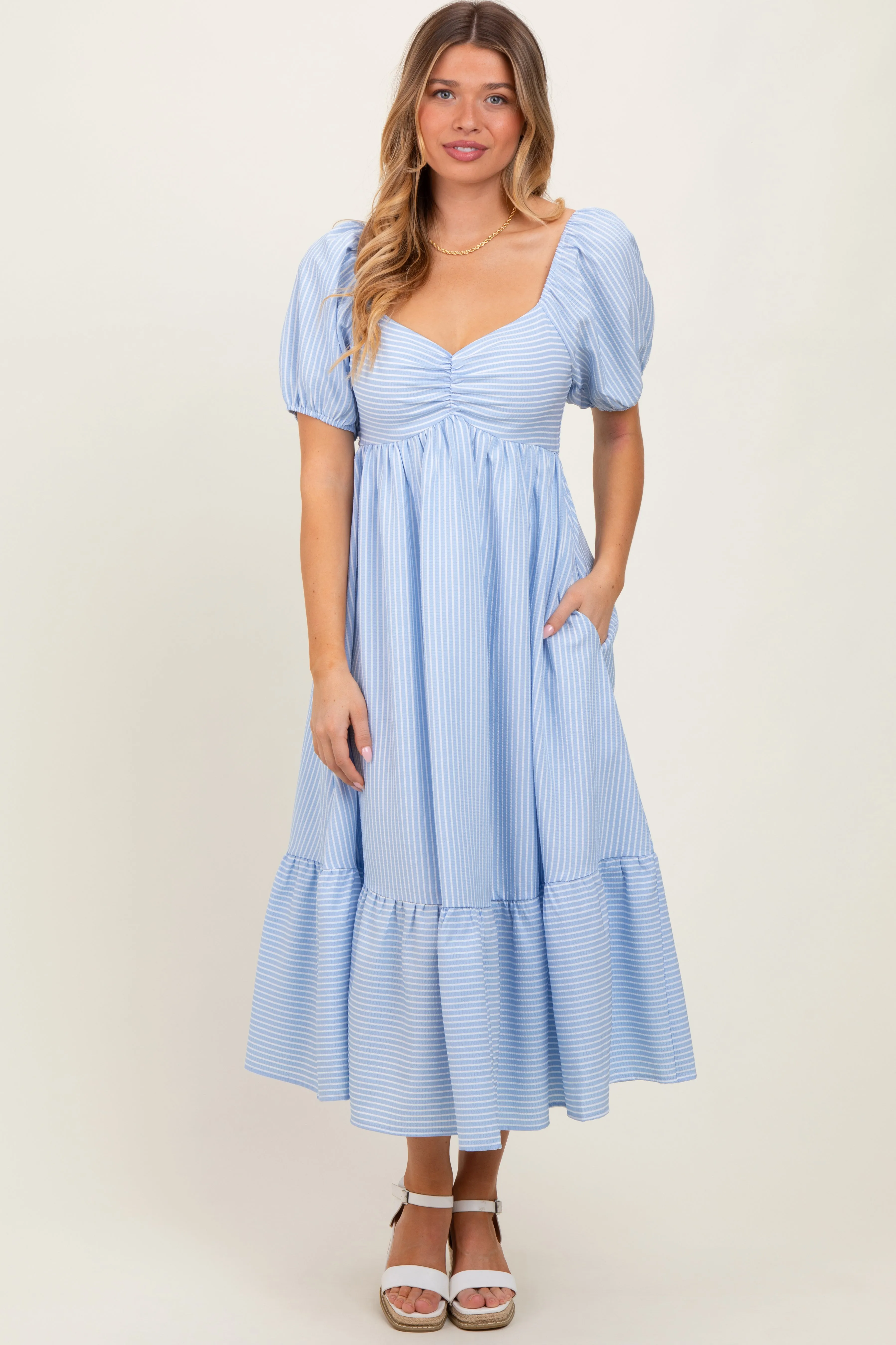 Light Blue Sweetheart Stripe Smocked Back Midi Dress sold by Pinkblush product image thumbnail 2