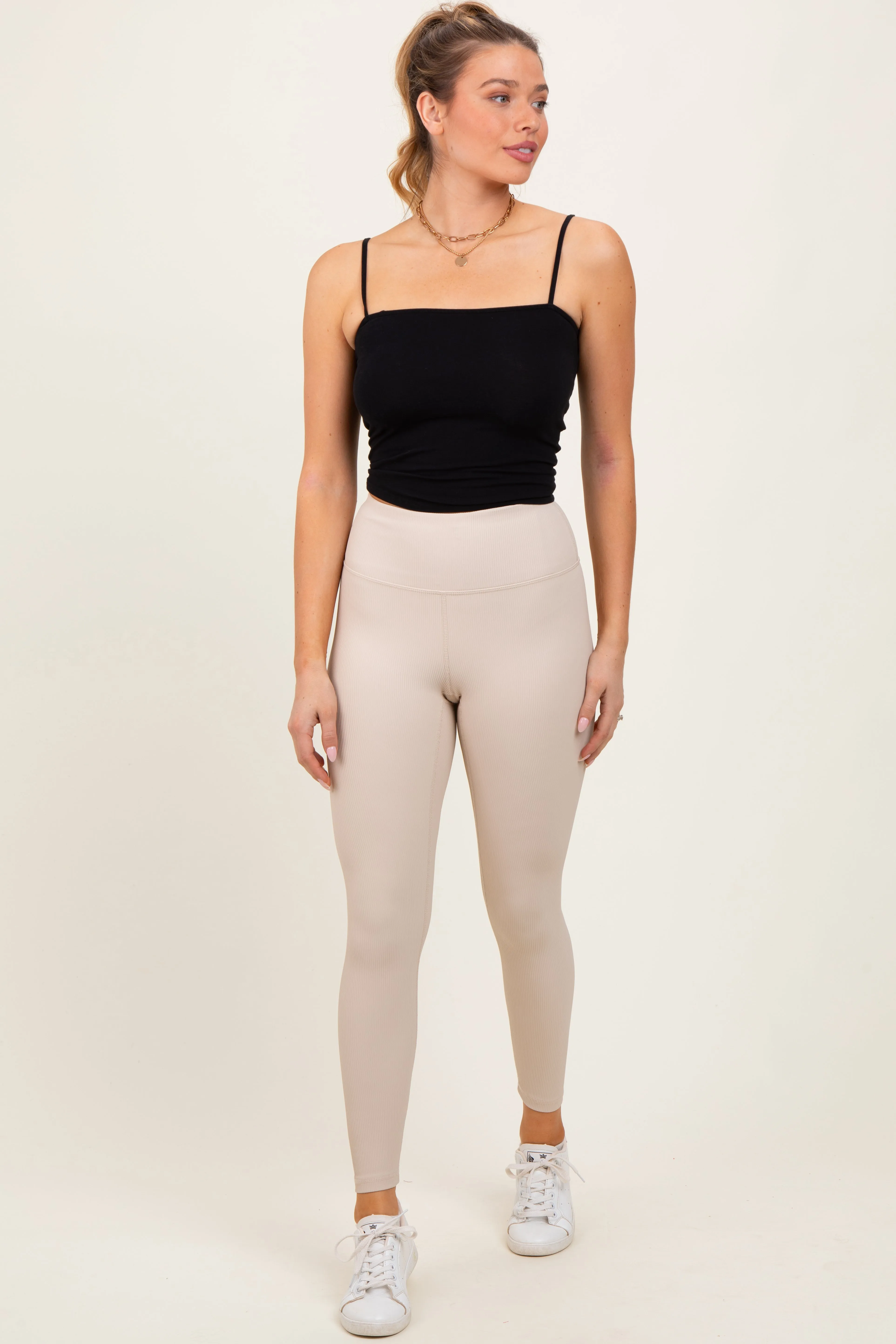 Cream Ribbed Leggings sold by Pinkblush