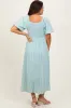 Mint Green Smocked V-Neck Short Puff Sleeve Textured Maternity Midi Dress sold by Pinkblush