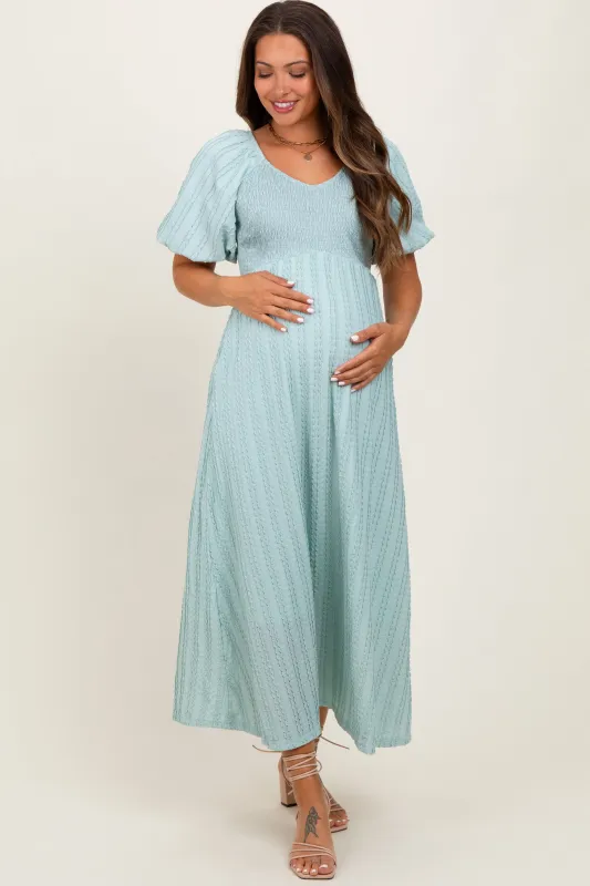 Mint Green Smocked V-Neck Short Puff Sleeve Textured Maternity Midi Dress sold by Pinkblush