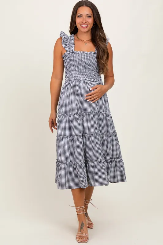 Black Gingham Ruffle Tiered Maternity Midi Dress sold by Pinkblush