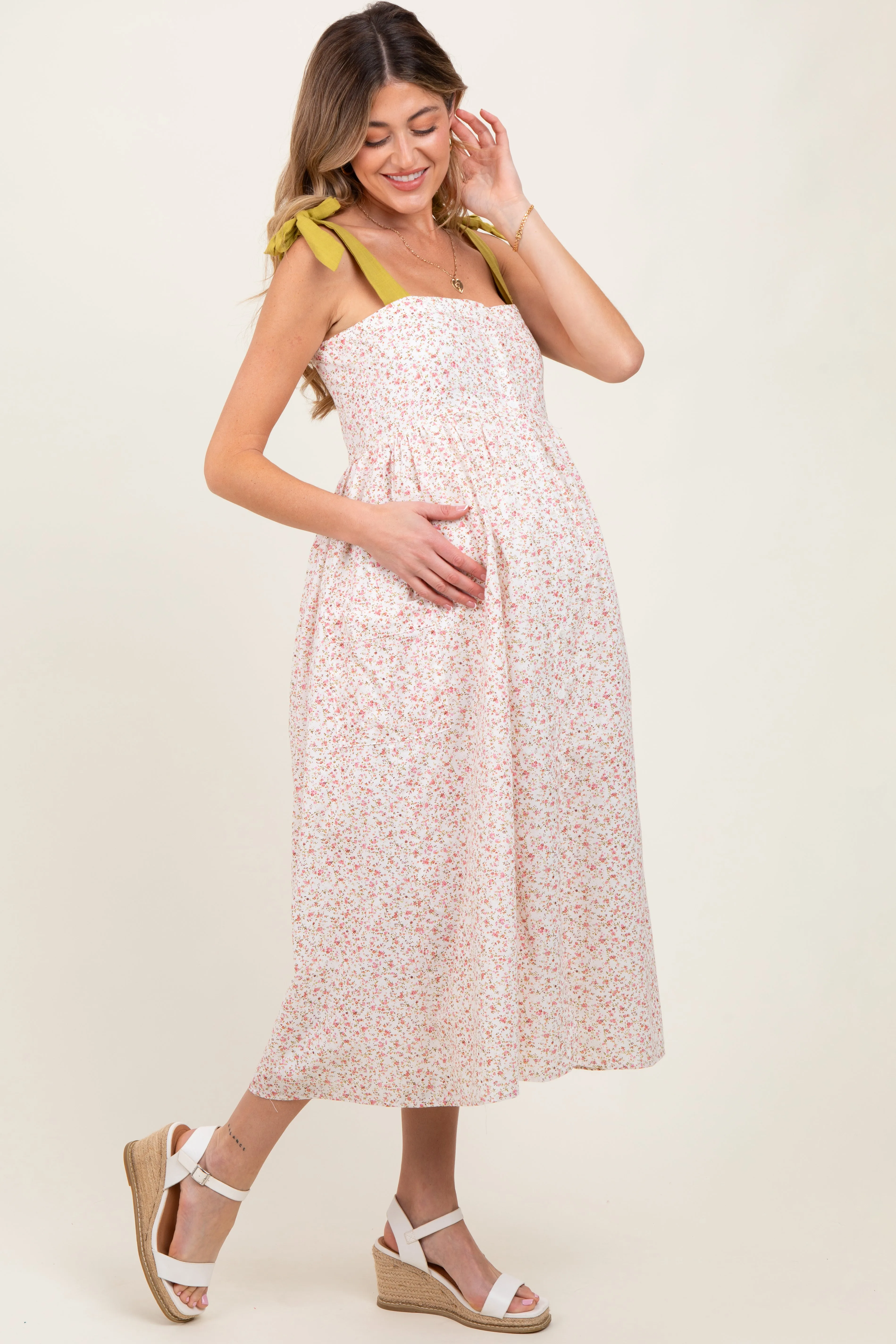 Cream Floral Shoulder Tie Button Down Maternity Midi Dress sold by Pinkblush product image thumbnail 3