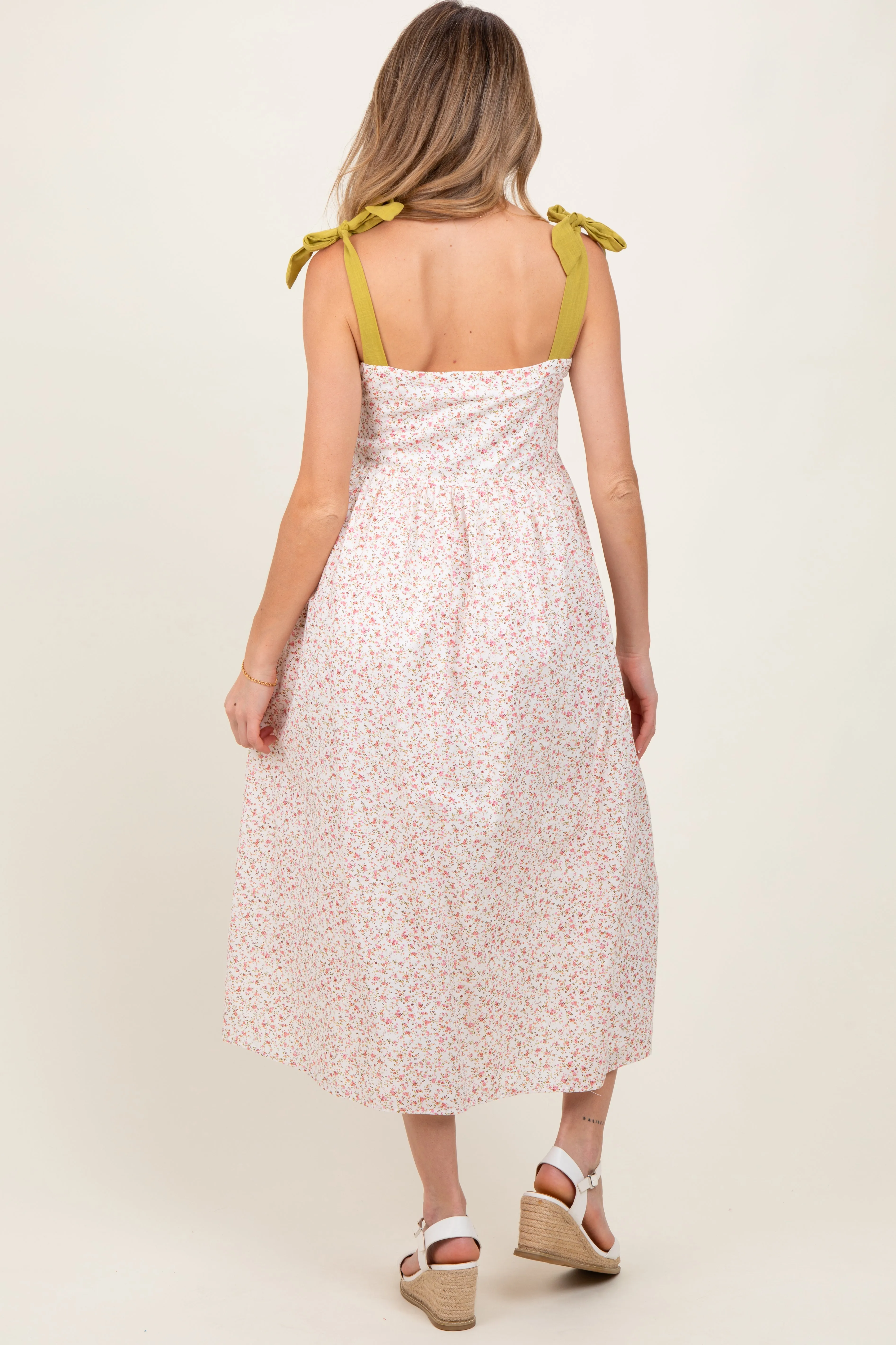 Cream Floral Shoulder Tie Button Down Maternity Midi Dress sold by Pinkblush product image thumbnail 4
