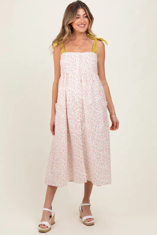 Cream Floral Shoulder Tie Button Down Maternity Midi Dress sold by Pinkblush