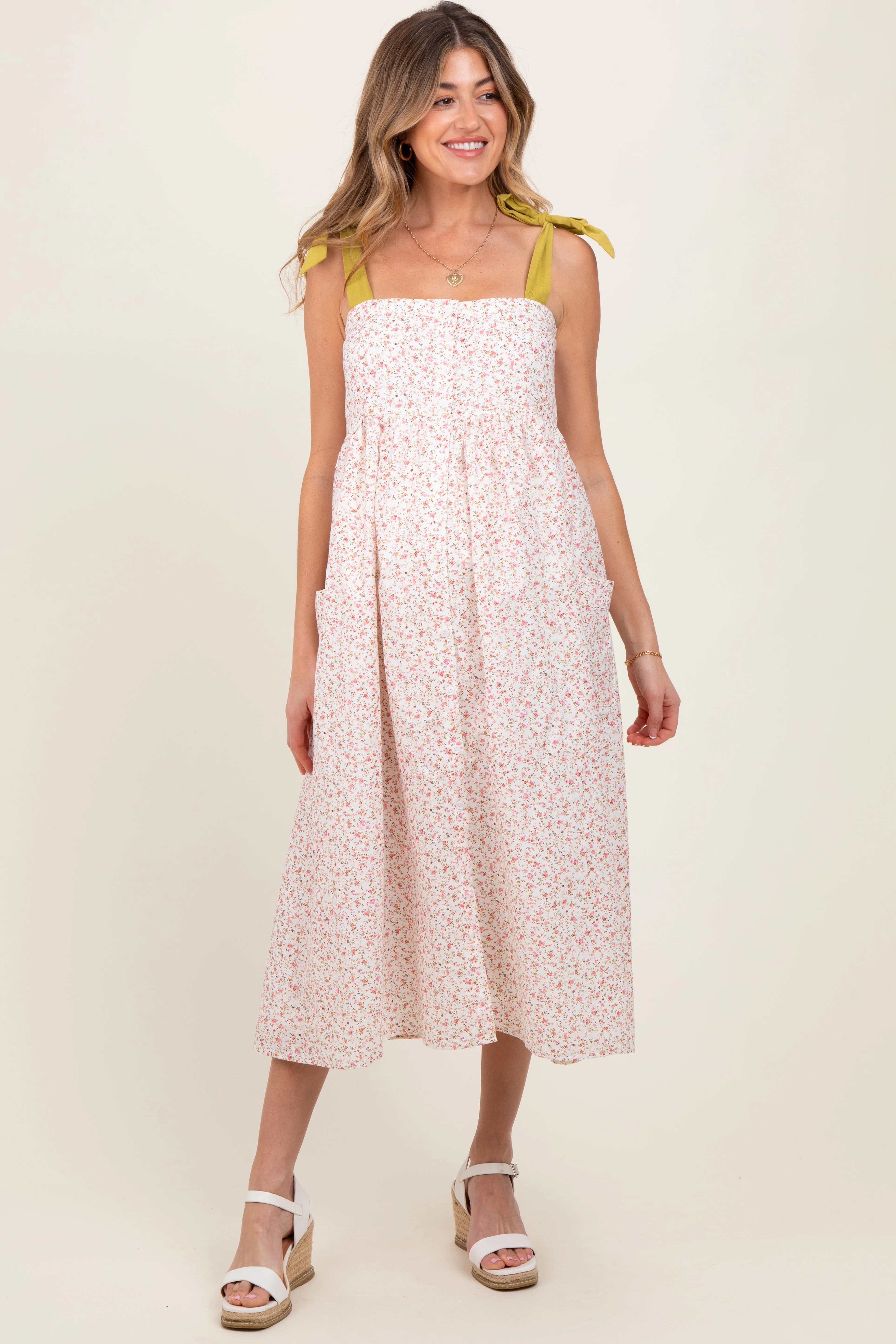 Cream Floral Shoulder Tie Button Down Maternity Midi Dress sold by Pinkblush