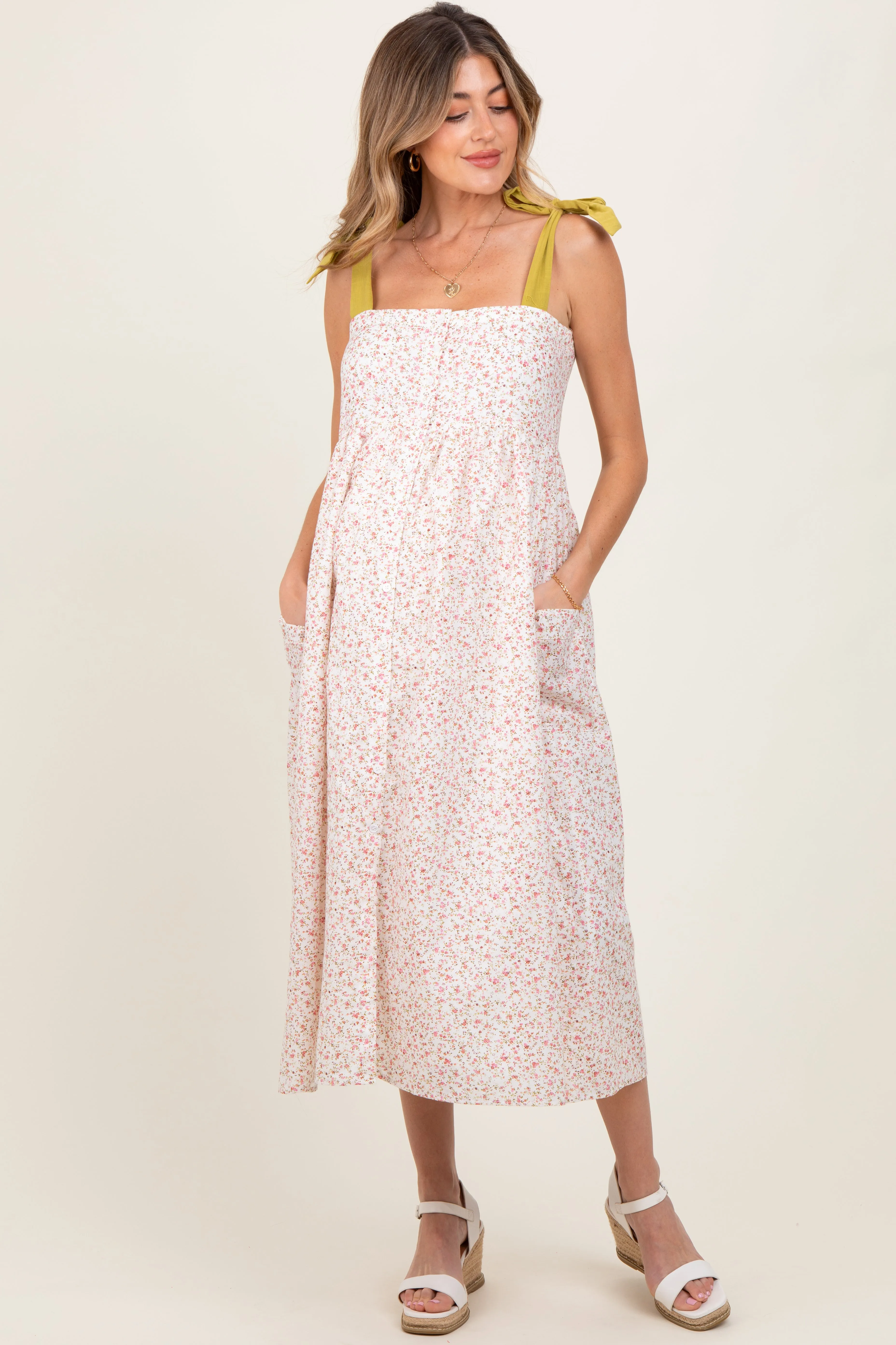Cream Floral Shoulder Tie Button Down Maternity Midi Dress sold by Pinkblush product image thumbnail 2