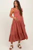 Rust Button Front Ruffle Square Neck Maternity Midi Dress sold by Pinkblush