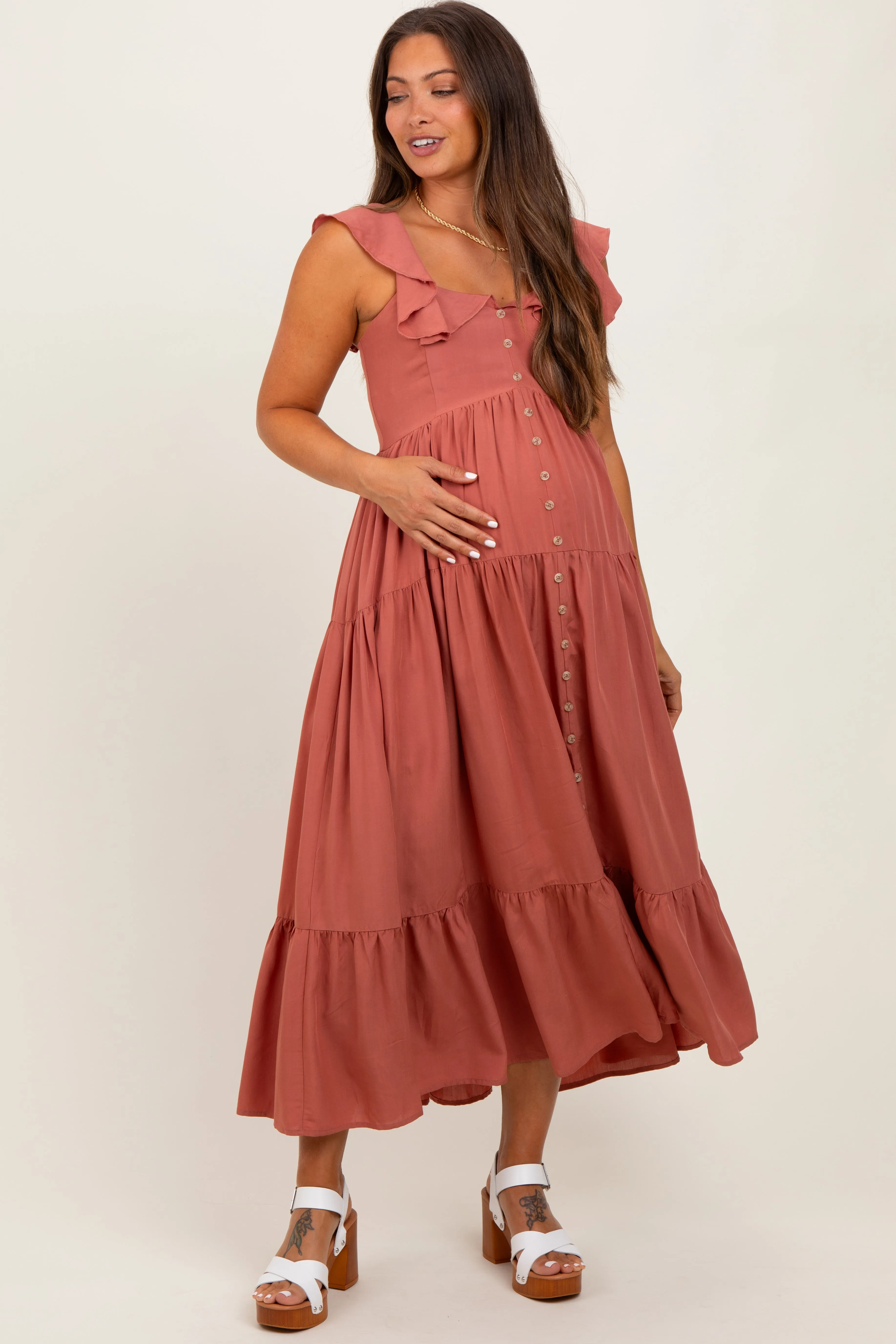 Rust Button Front Ruffle Square Neck Maternity Midi Dress sold by Pinkblush product image thumbnail 2