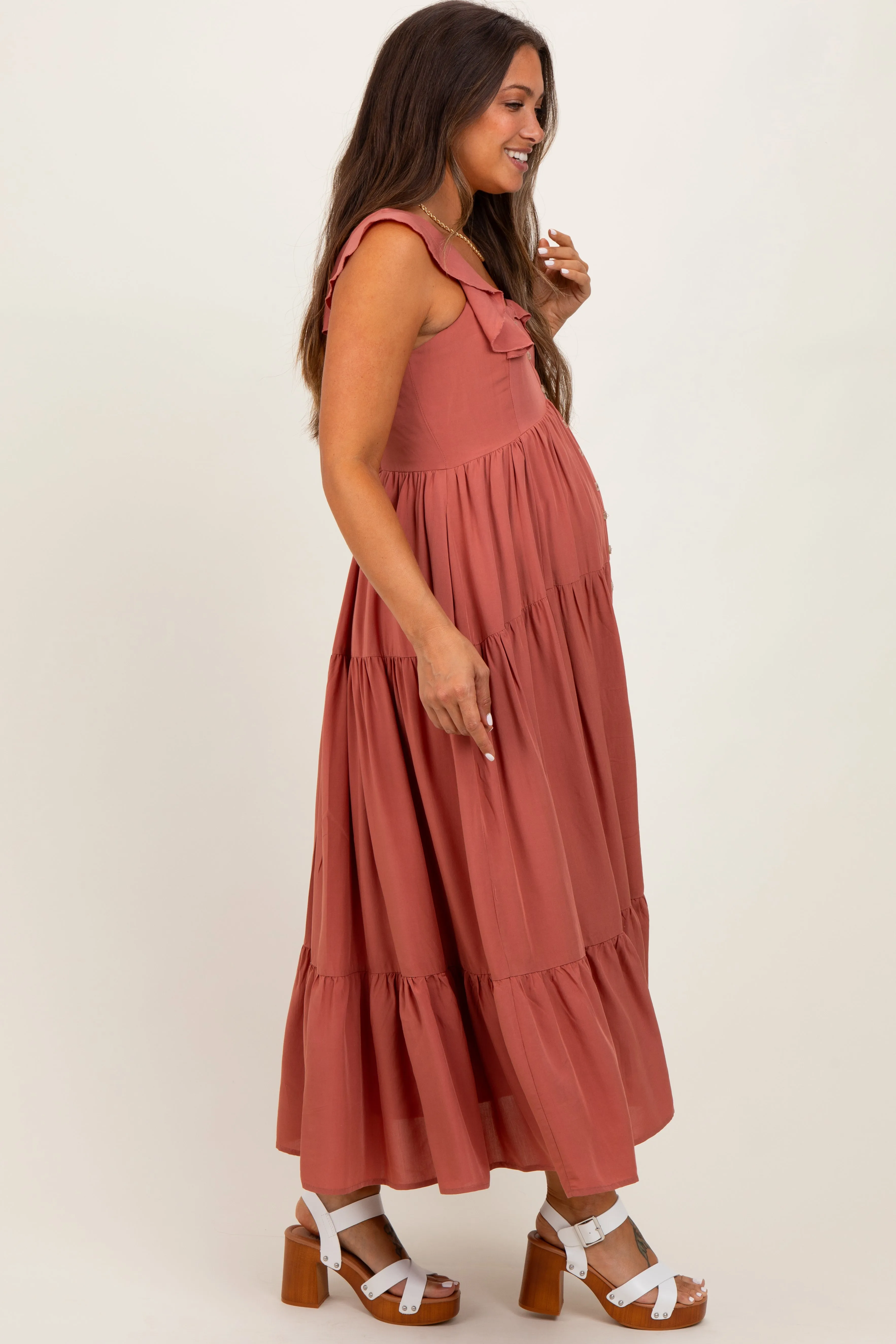 Rust Button Front Ruffle Square Neck Maternity Midi Dress sold by Pinkblush product image thumbnail 3