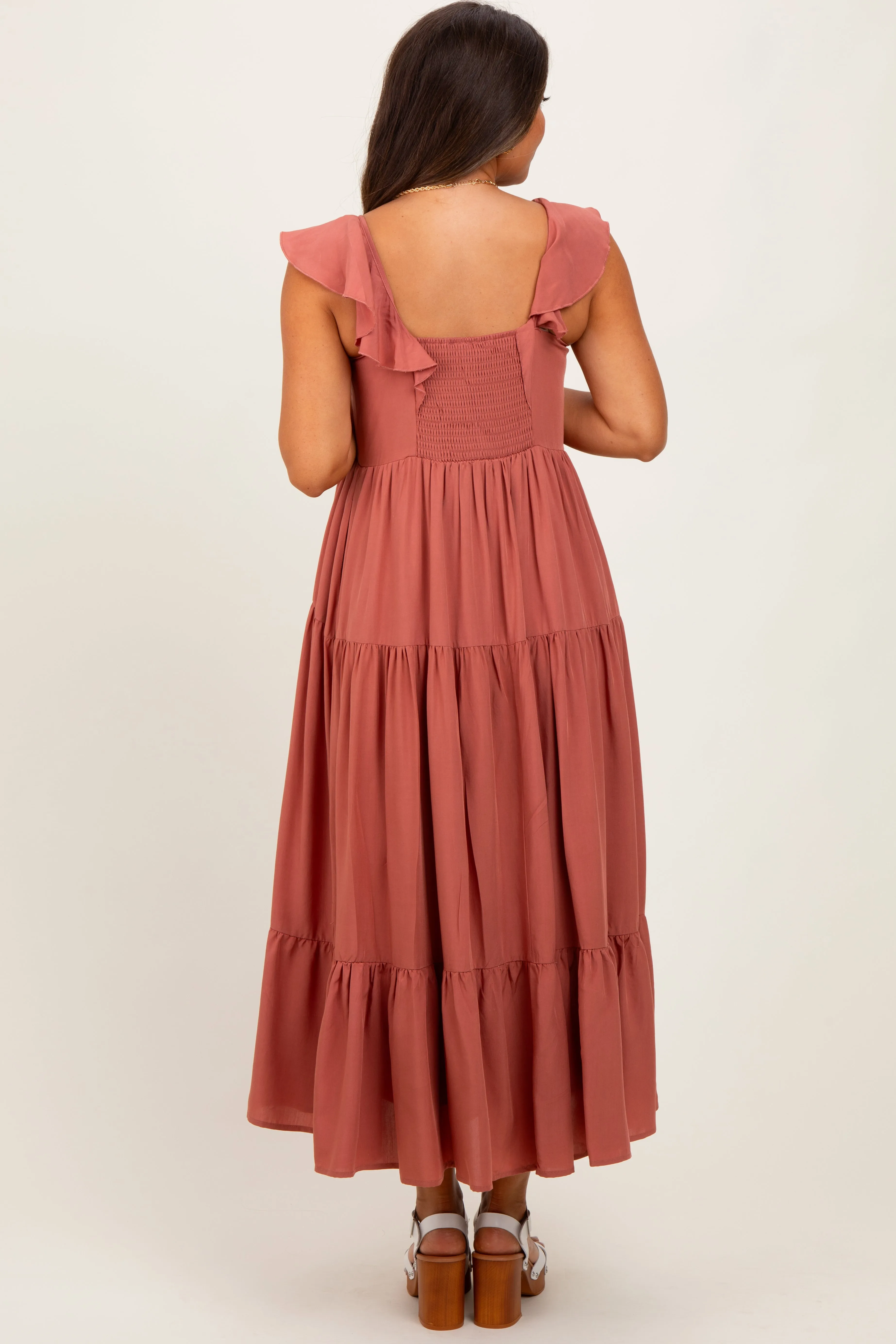 Rust Button Front Ruffle Square Neck Maternity Midi Dress sold by Pinkblush product image thumbnail 4