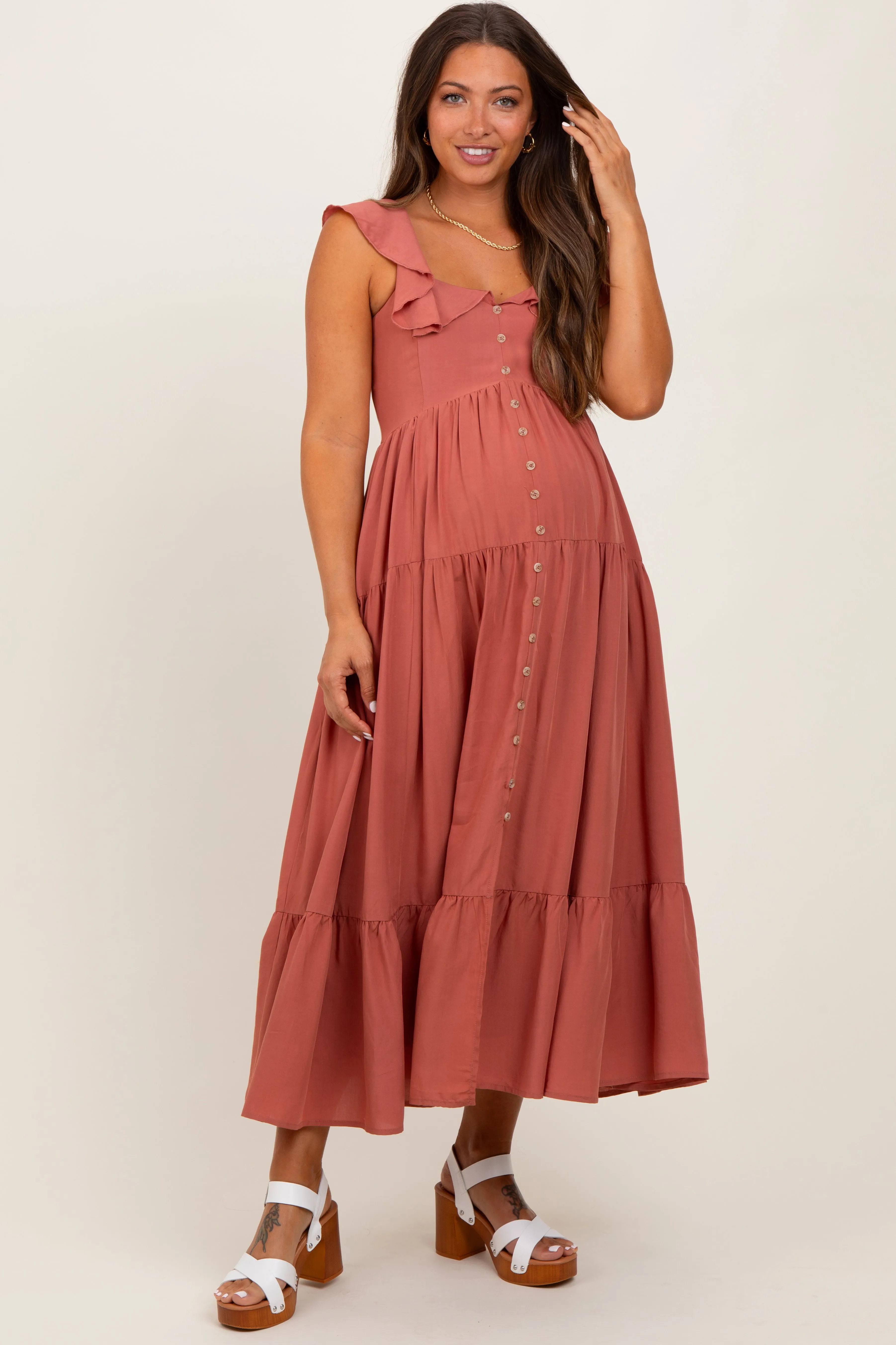 Rust Button Front Ruffle Square Neck Maternity Midi Dress sold by Pinkblush