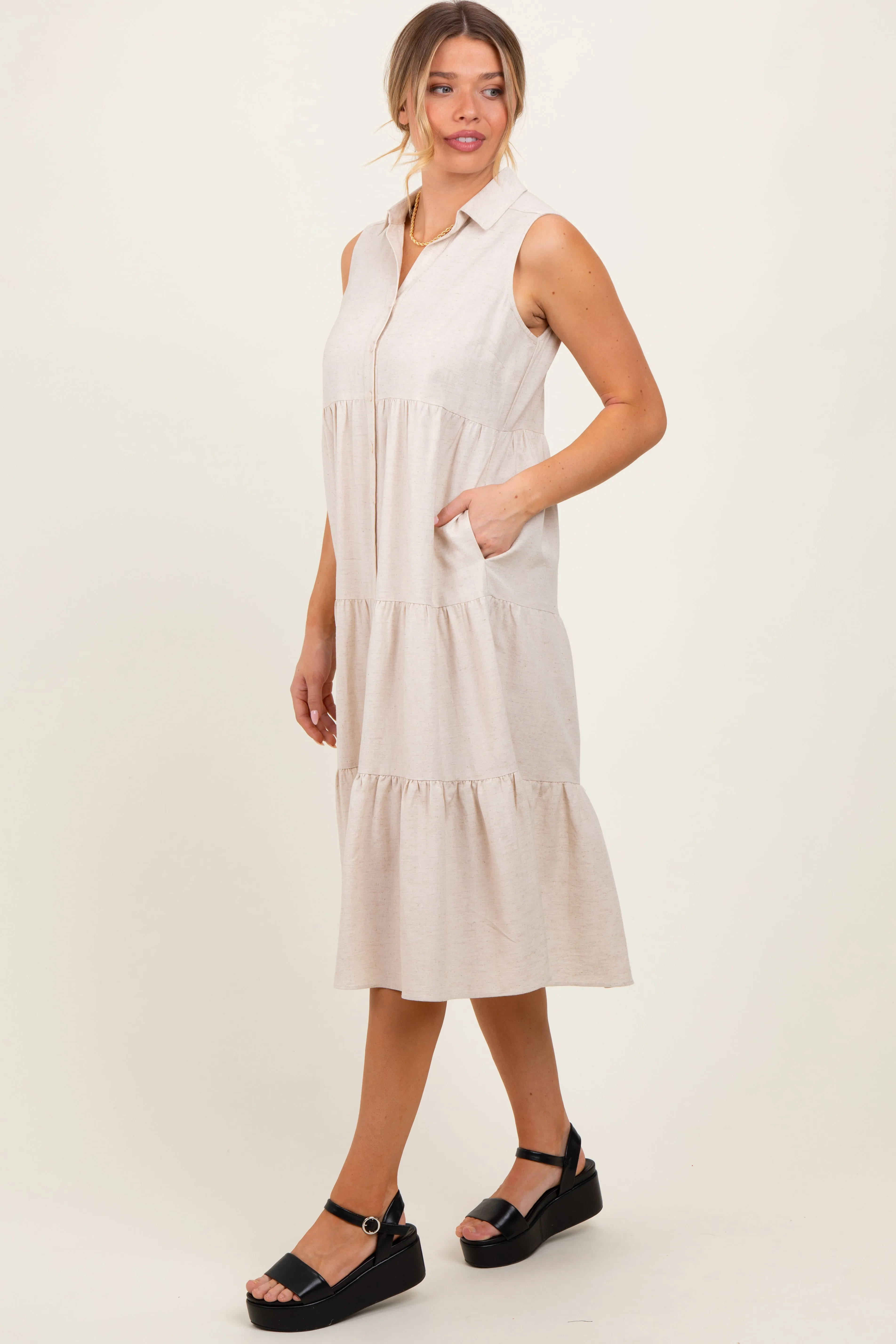 Cream Tiered Sleeveless Midi Shirt Dress sold by Pinkblush product image thumbnail 3