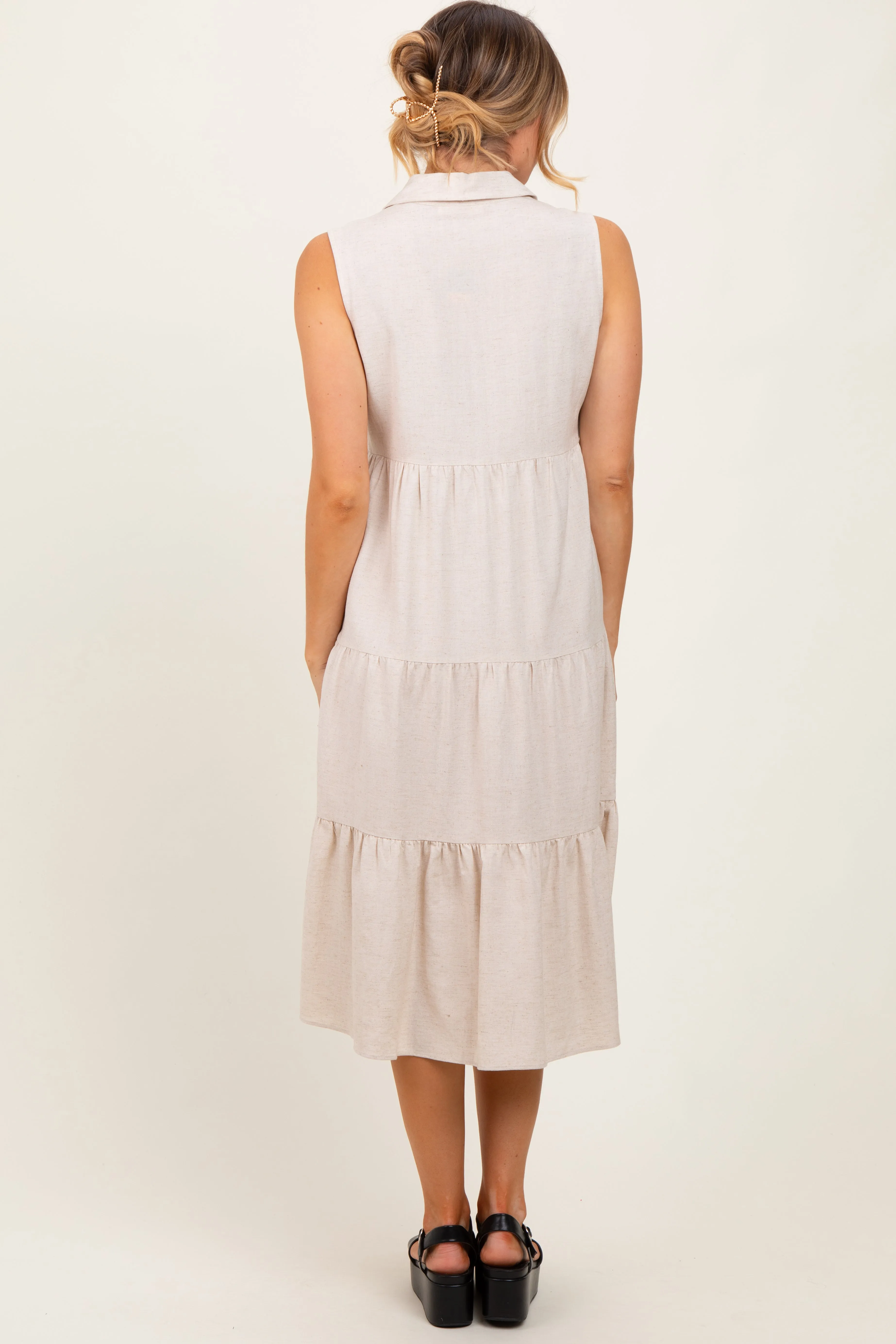 Cream Tiered Sleeveless Midi Shirt Dress sold by Pinkblush product image thumbnail 4
